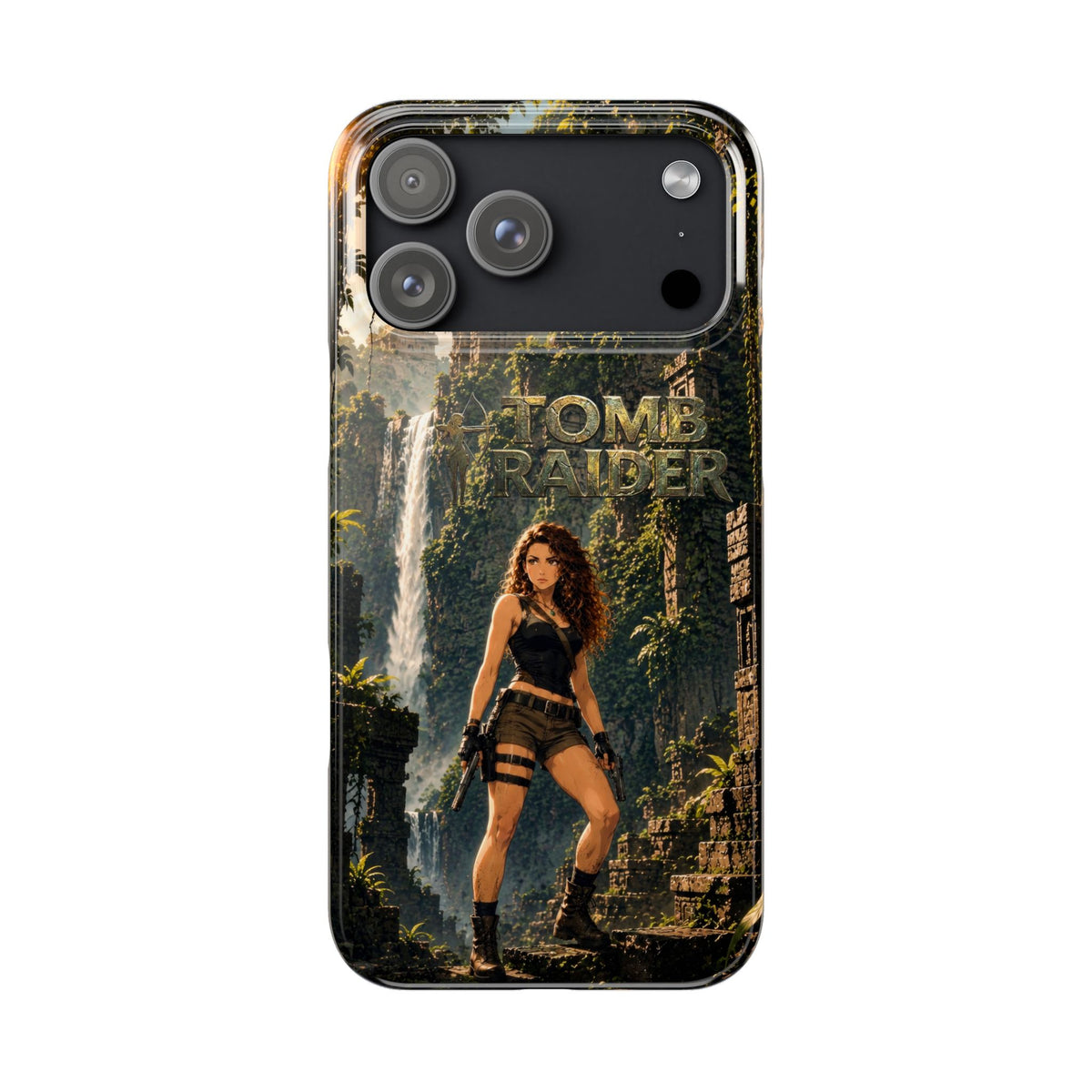 Slim phone case with dark jungle Tomb Raider character graphic and camera cutouts
