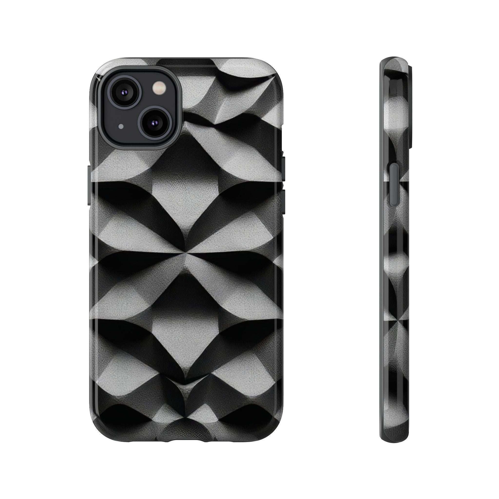Black phone case with silver geometric diamond pattern; front view with camera openings