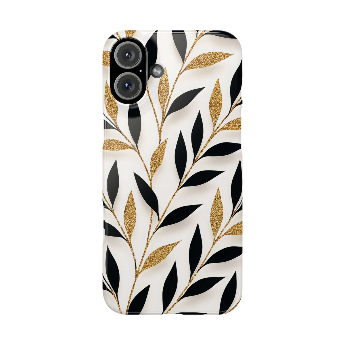 Phone case with gold leaf branches, black foliage, and raised camera protection