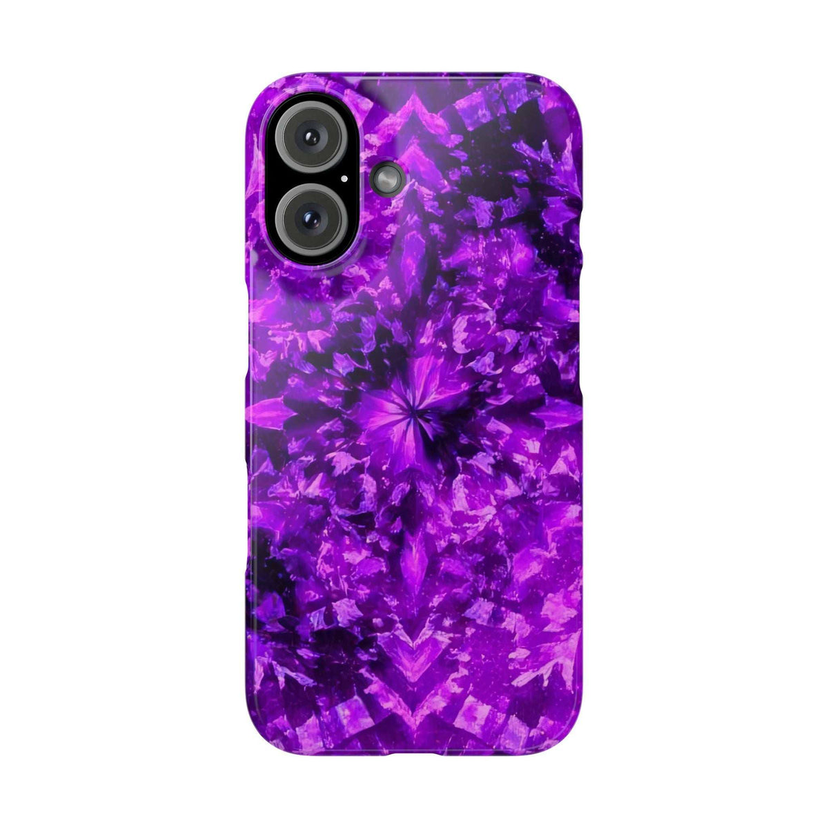 Purple kaleidoscope phone case with central flower burst design and camera cutouts