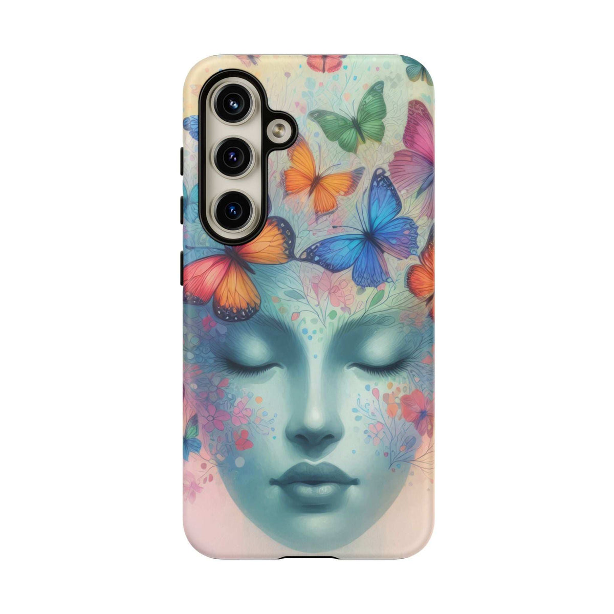 Phone case back view featuring pastel woman face with colorful butterflies and flower accents.