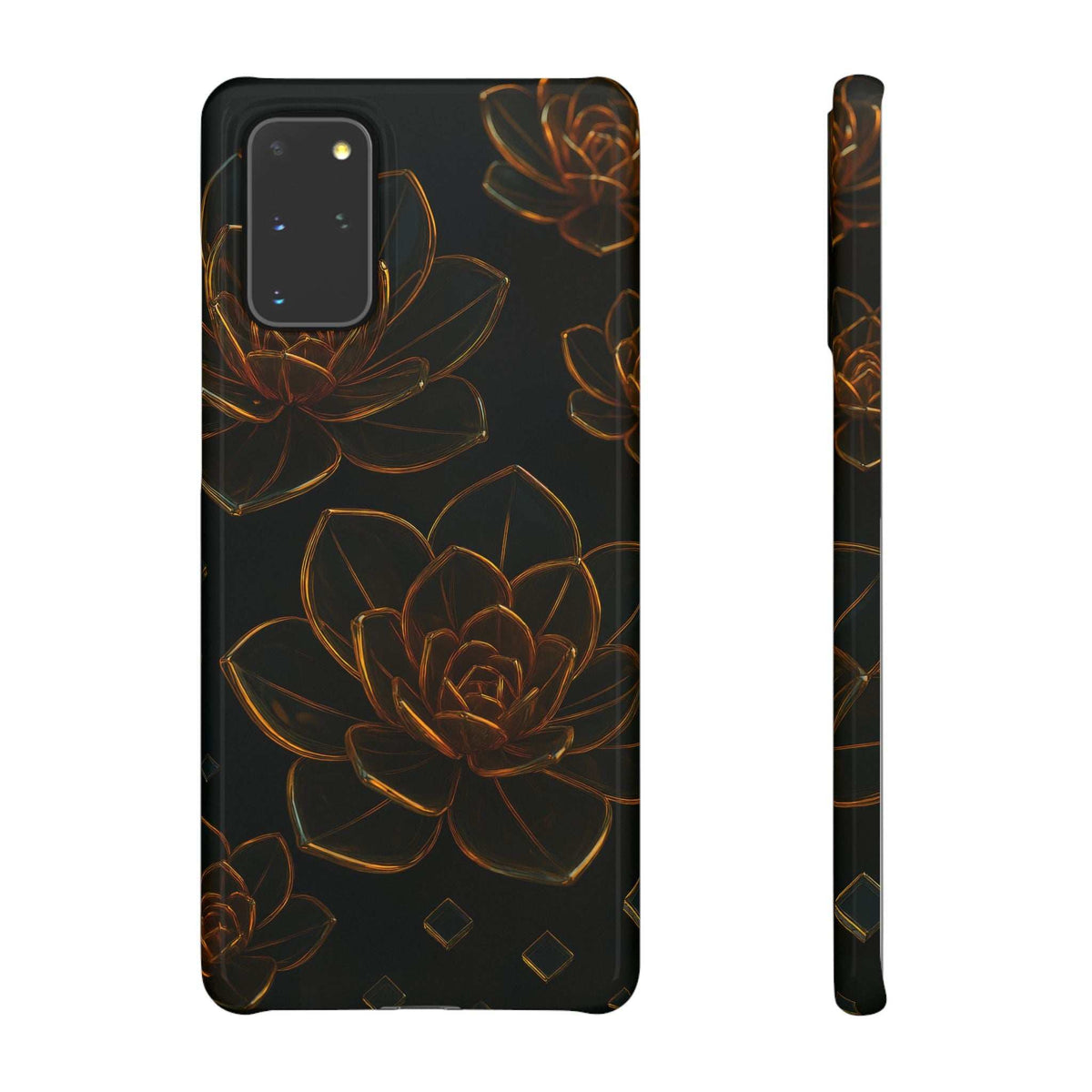 Glossy glass flower phone case, black with orange line-art blooms; camera cutouts