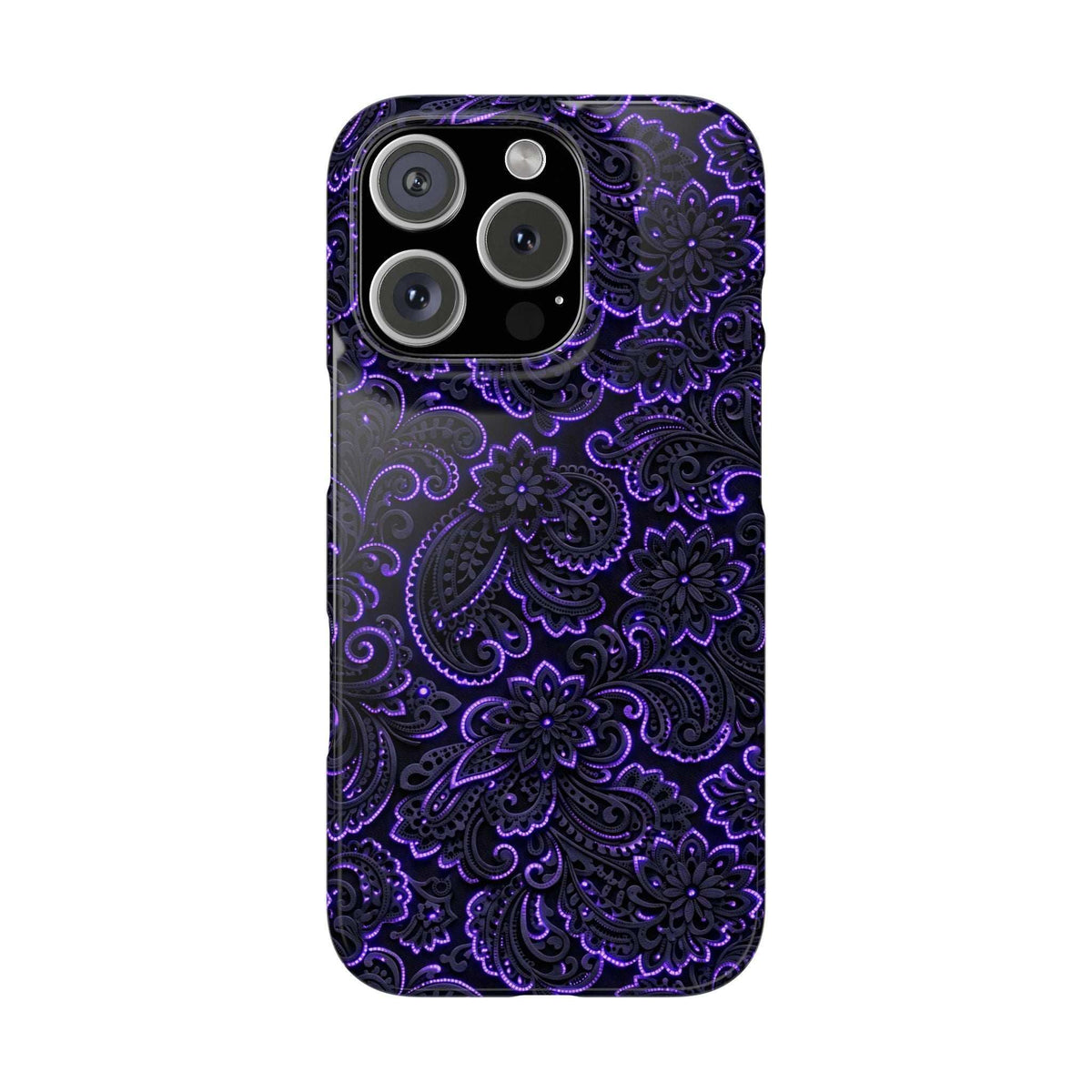Purple paisley phone case with neon floral pattern, raised camera cutouts.
