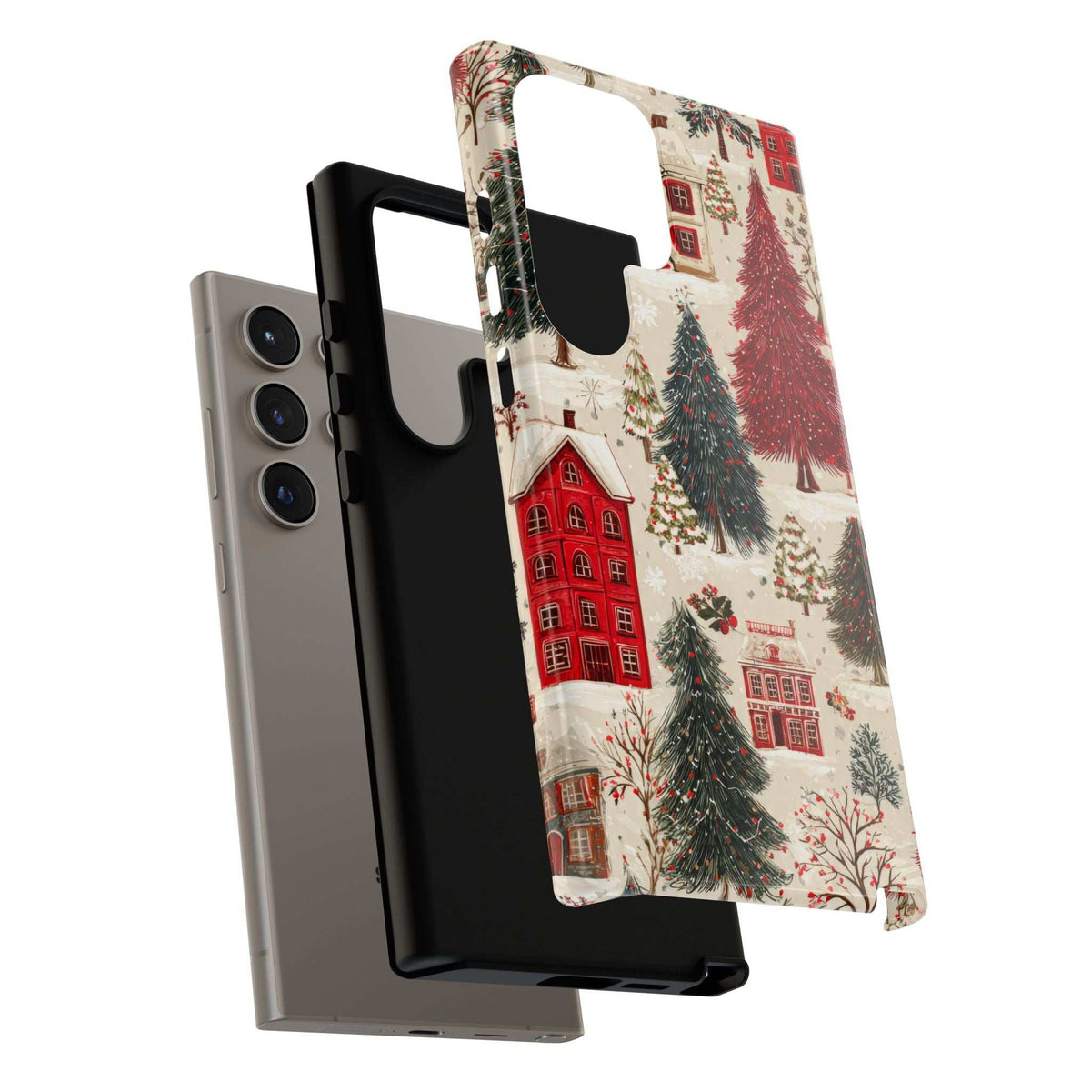 Winter village phone case with red houses and pine trees; back cover with open edges.