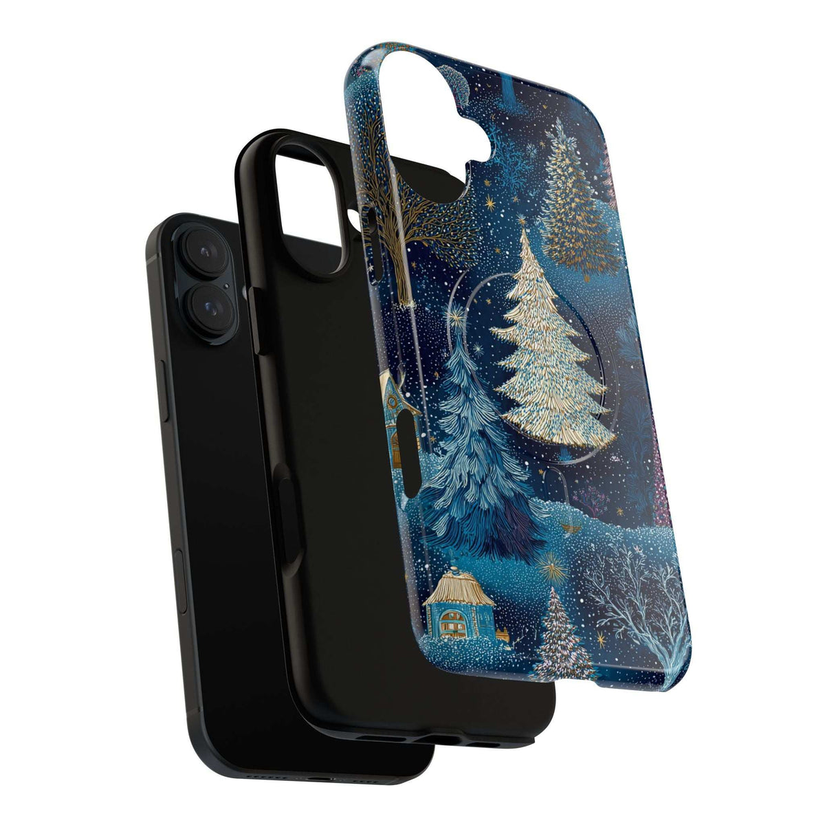 Glossy dark blue phone case with starry forest tree and glitter-like speckles