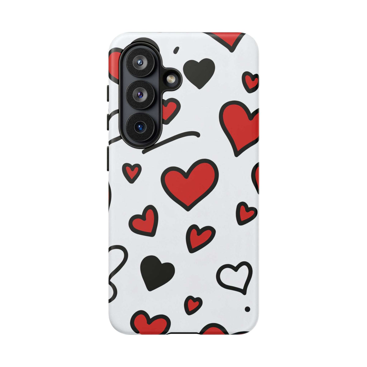 White phone case with scattered hearts; side view with triple-lens camera module