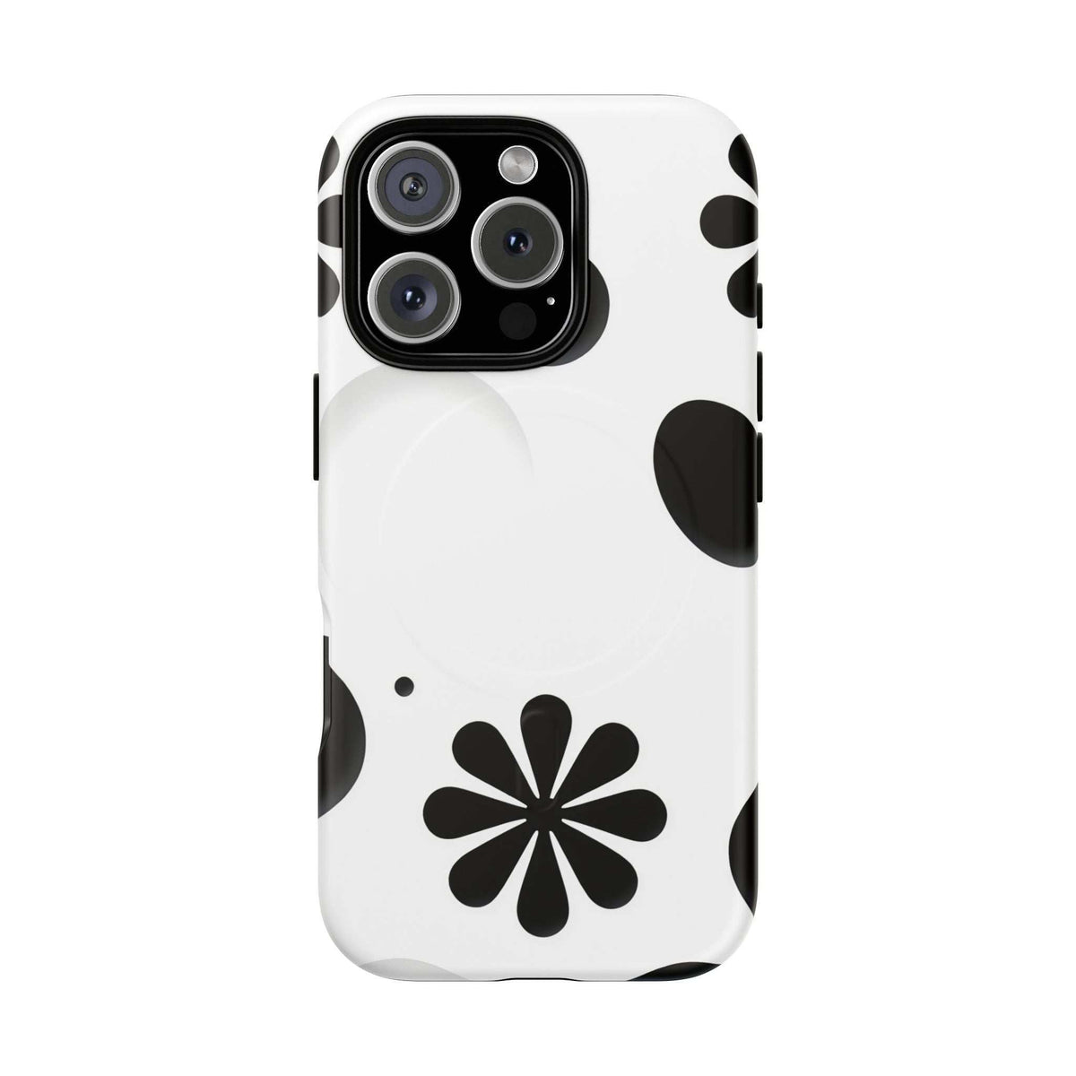 Phone case with large black daisy on white, plus black magnetic circle accents on sides