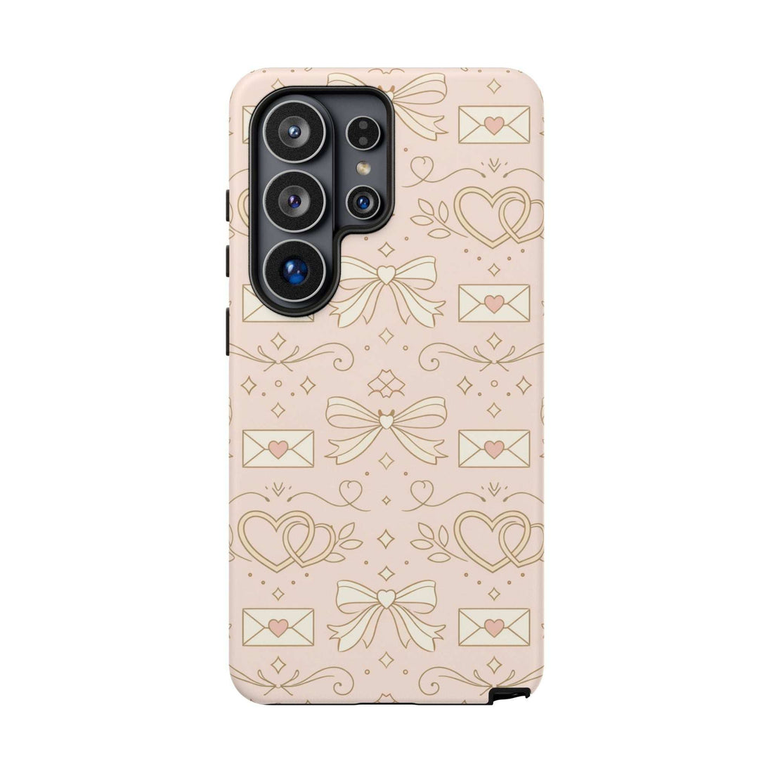 Light pink tough phone case with gold hearts, bows, and envelope pattern; camera cutouts