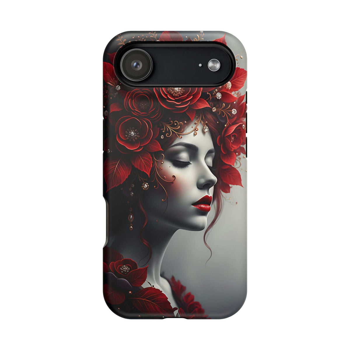Portrait phone case with red roses and a woman face; dual camera lenses on top.