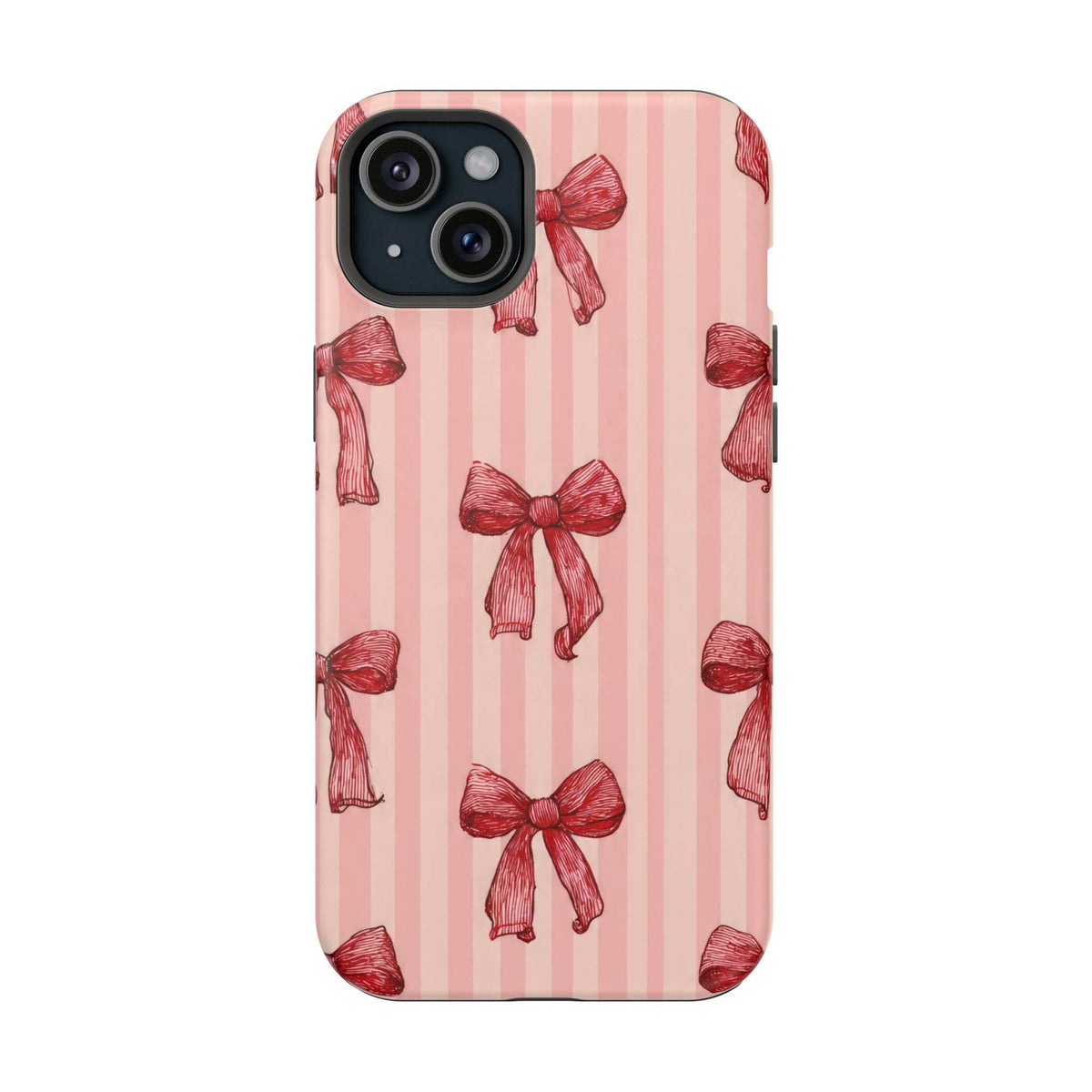 Pink phone case with red stripe pattern and red bow print, top-left camera cutout