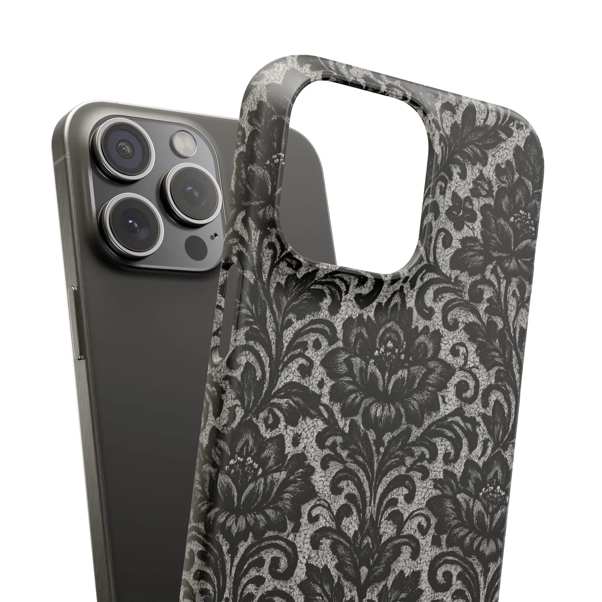 Black Damask Floral Phone Case for iPhone 11-17 and Galaxy S20-S25 - KARARMDESIGN