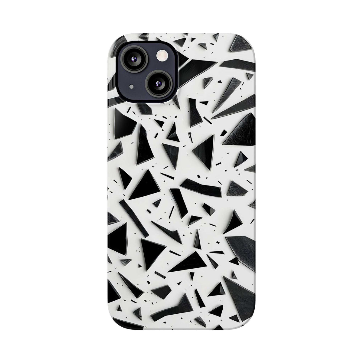 Slim phone case with black and white abstract shards, clean front panel with cutouts