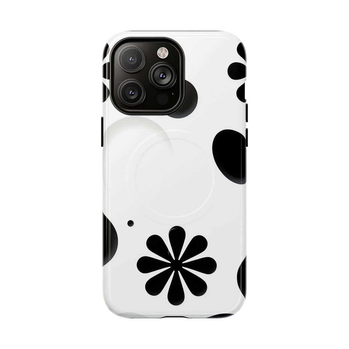 Phone case with visible triple-camera cutout; white with black daisy and magnetic side tabs