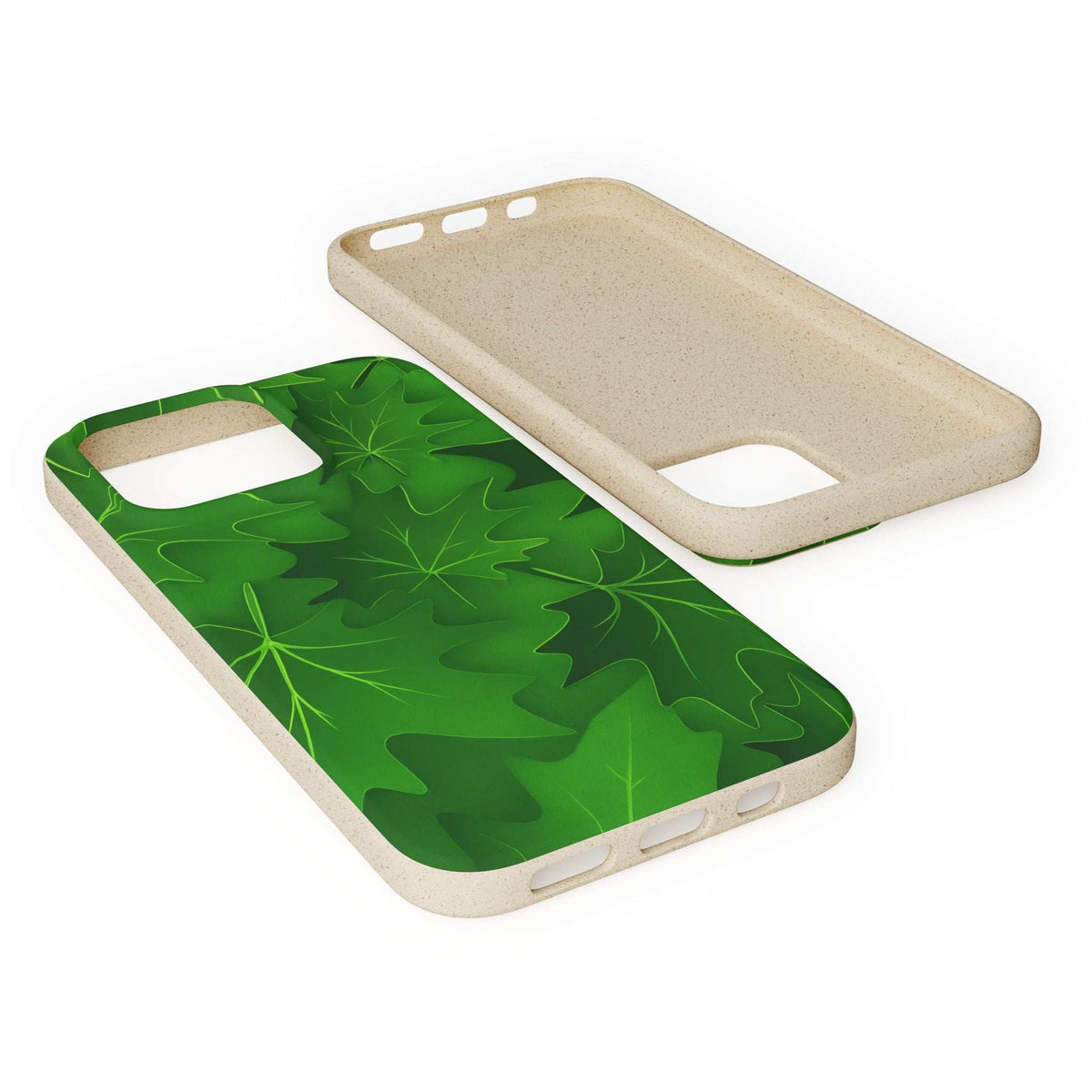 Speckled beige phone case with green botanical leaf pattern, camera and port openings