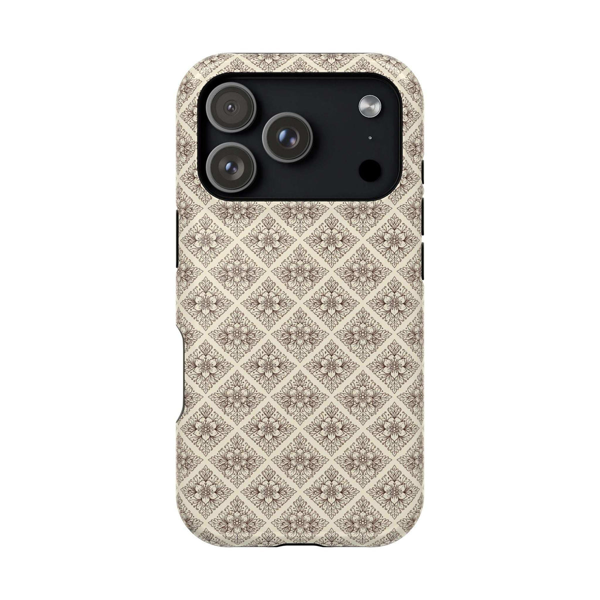 Beige ornate diamond phone case with top camera cutout and dark lens panel