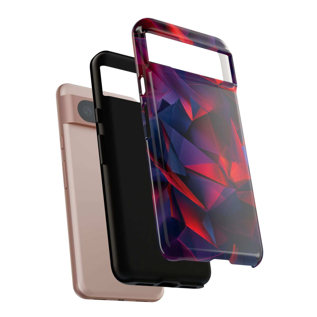 Glossy crystalline prism phone case with red and blue angular pattern, back camera cutout