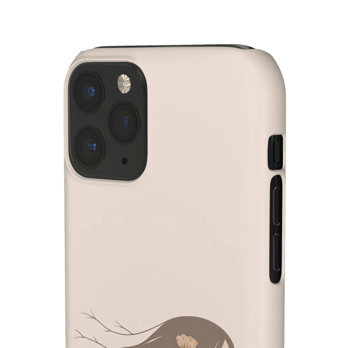 Light beige phone case with black camera module and floral branch graphic