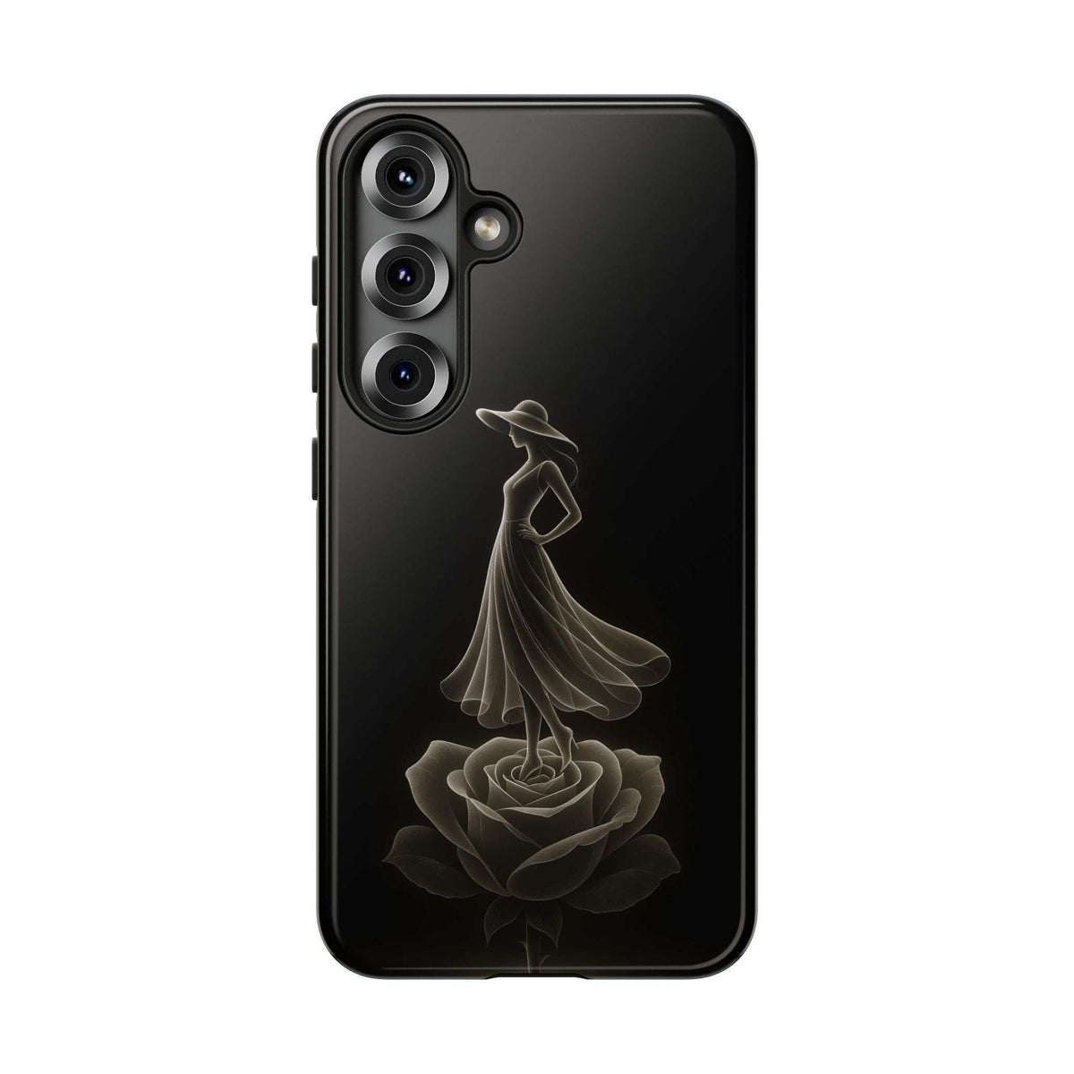 Glossy black phone case with ballerina and rose line art, full back coverage