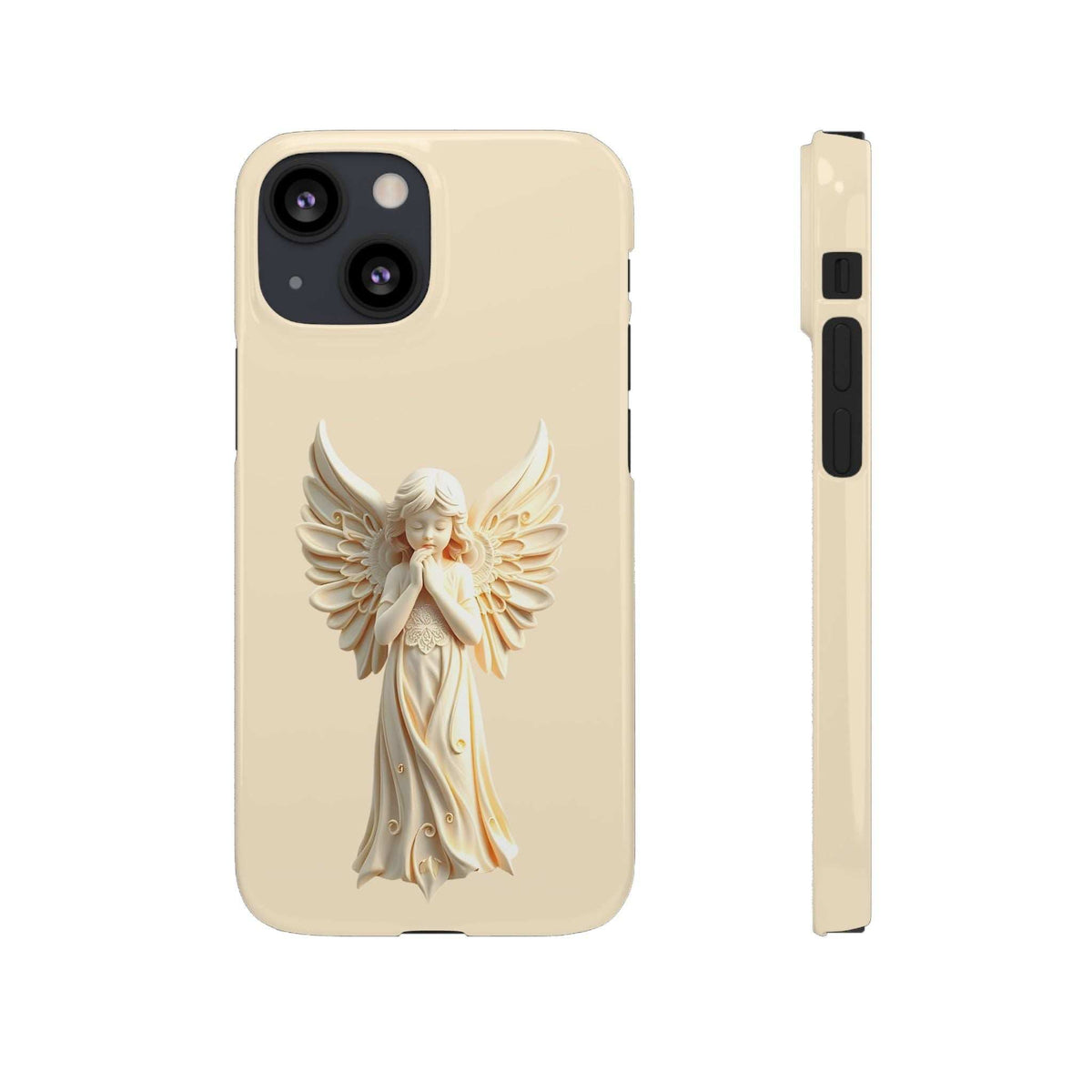 Beige phone case with winged angel cherub art, showing raised camera lens area