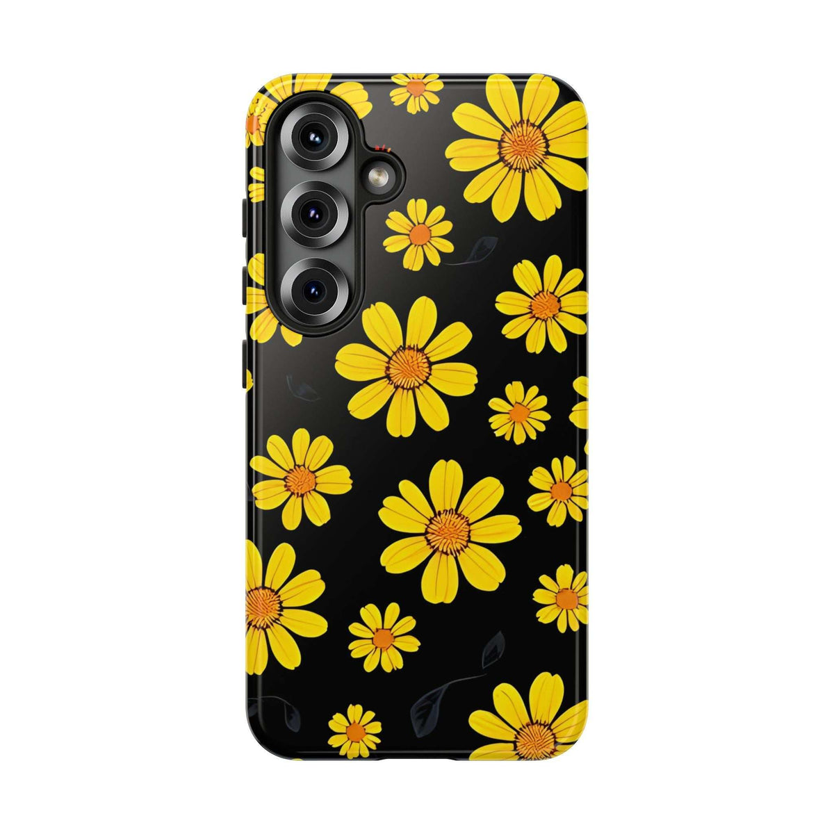 Black phone case with bold yellow daisy blossoms and raised camera openings, 3/4 view