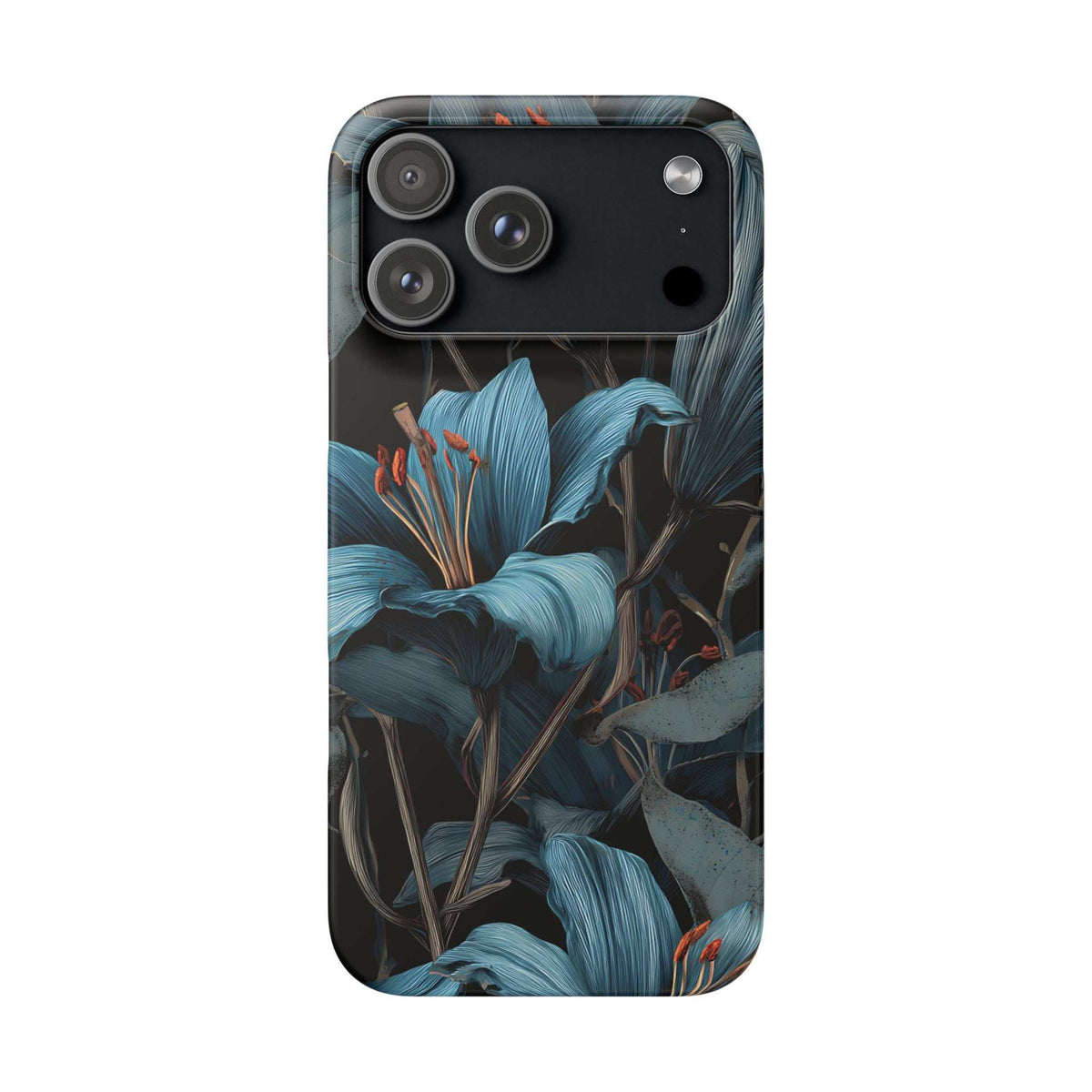 Blue botanical phone case with three camera lenses and dark leaf-and-flower print
