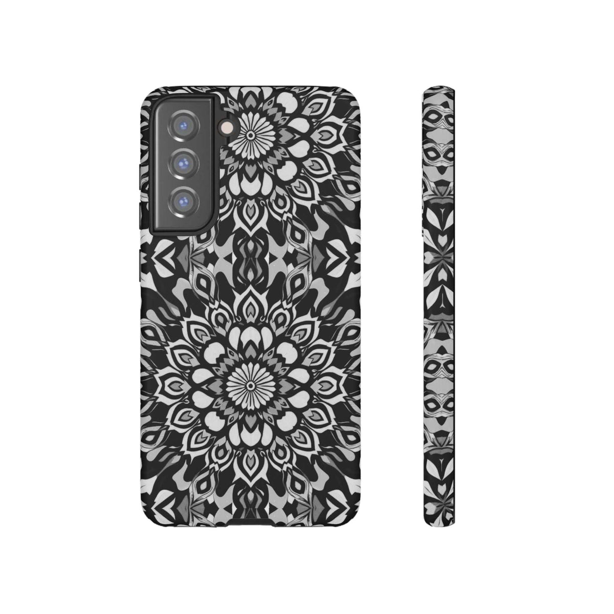 Mandala phone case with black-and-white mandala pattern and camera lens cutouts