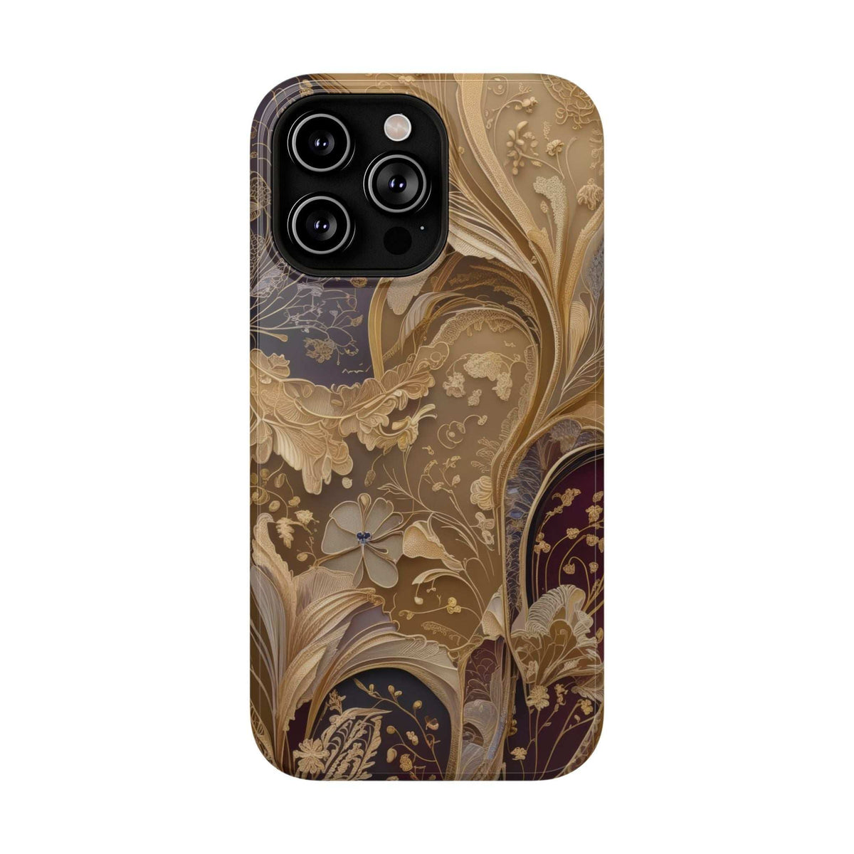 Ornate floral phone case with butterfly motif, beige and dark gold, raised camera cutout