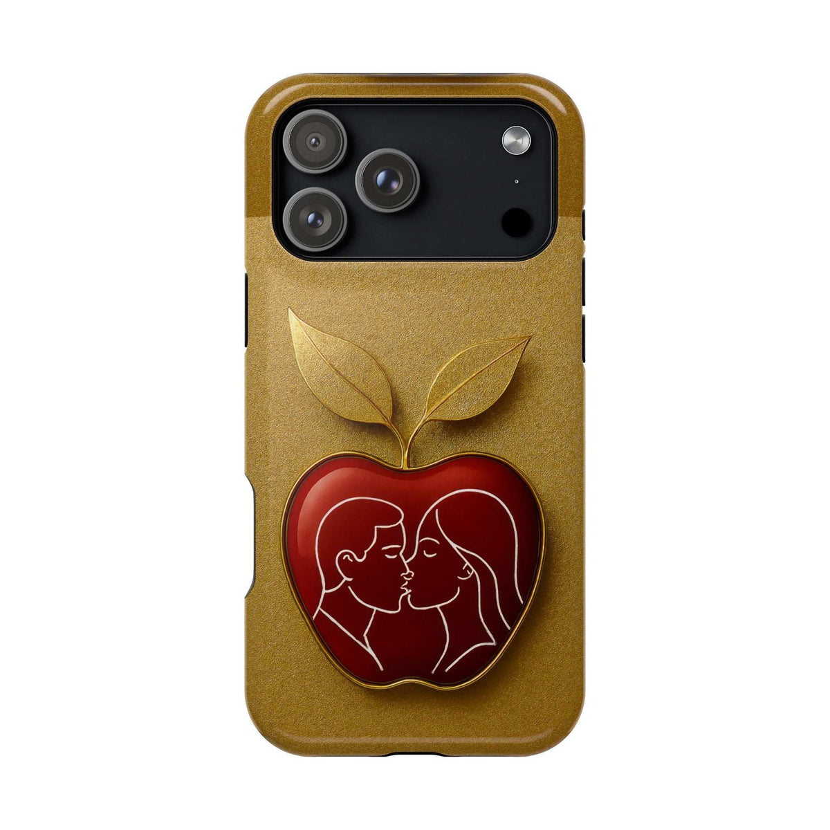Gold glitter phone case back with red heart couple kissing and gold leaves