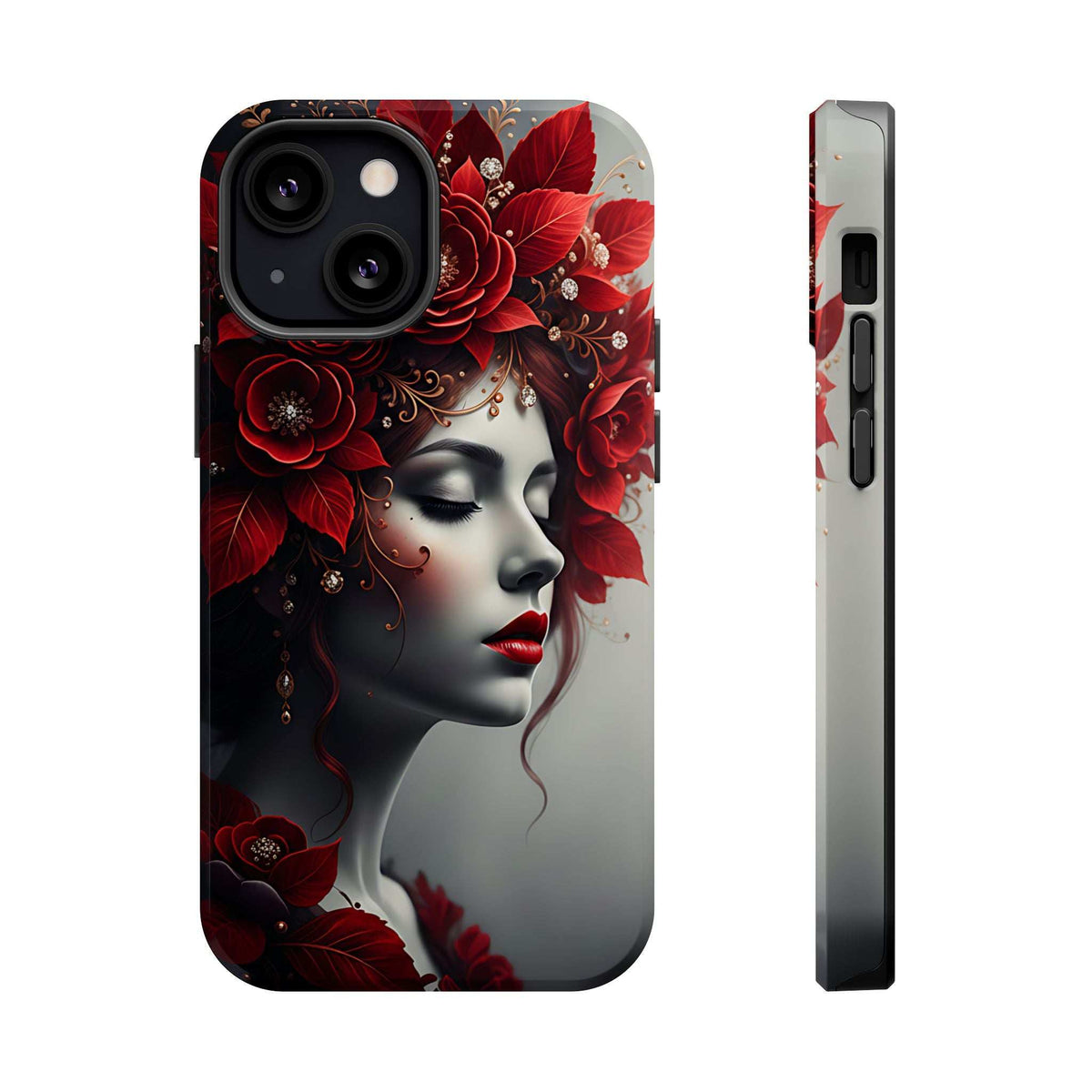 Phone case with red floral portrait woman and gray backdrop, black camera cutouts, side profile