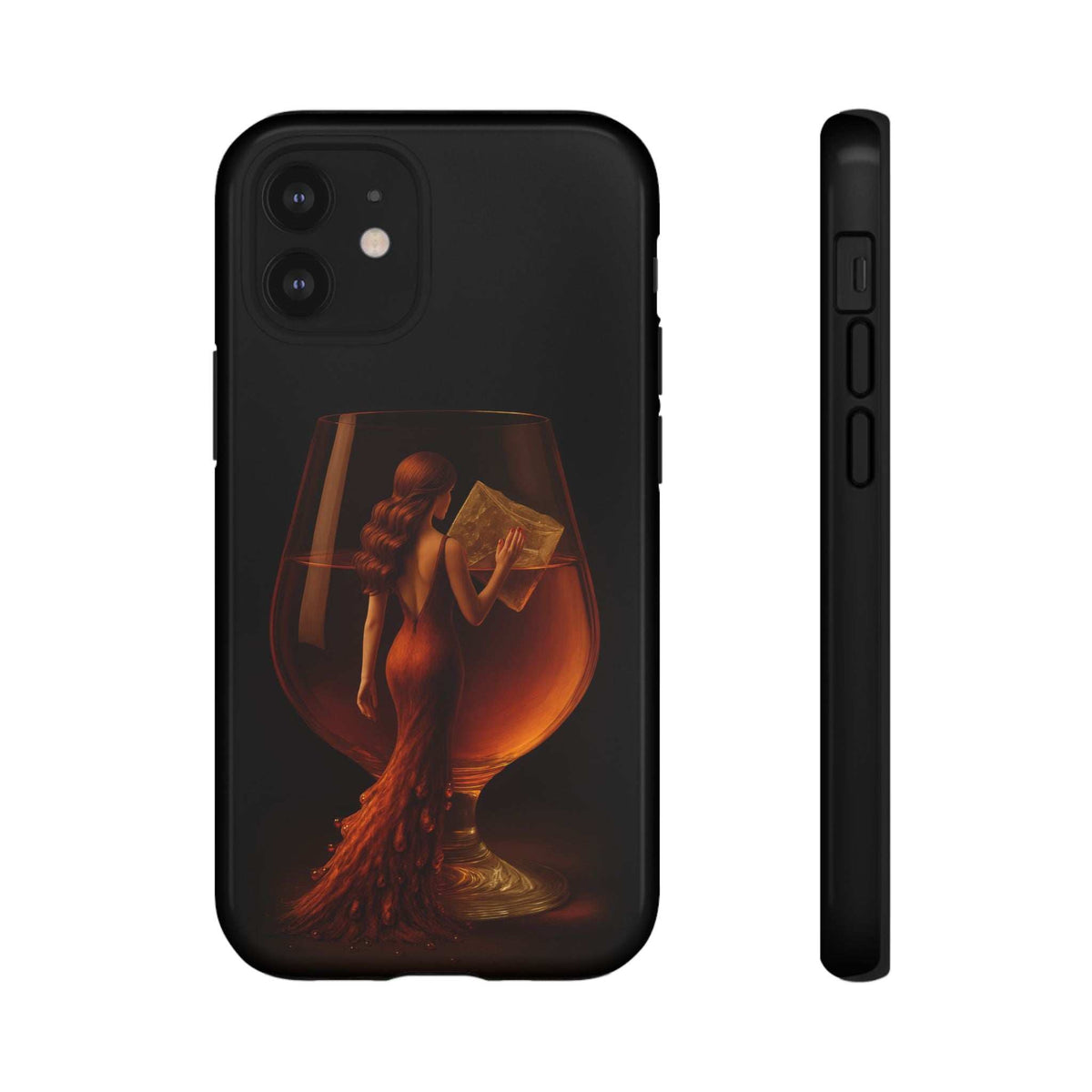 Glossy black phone case with figure and goblet artwork; side button cutout visible