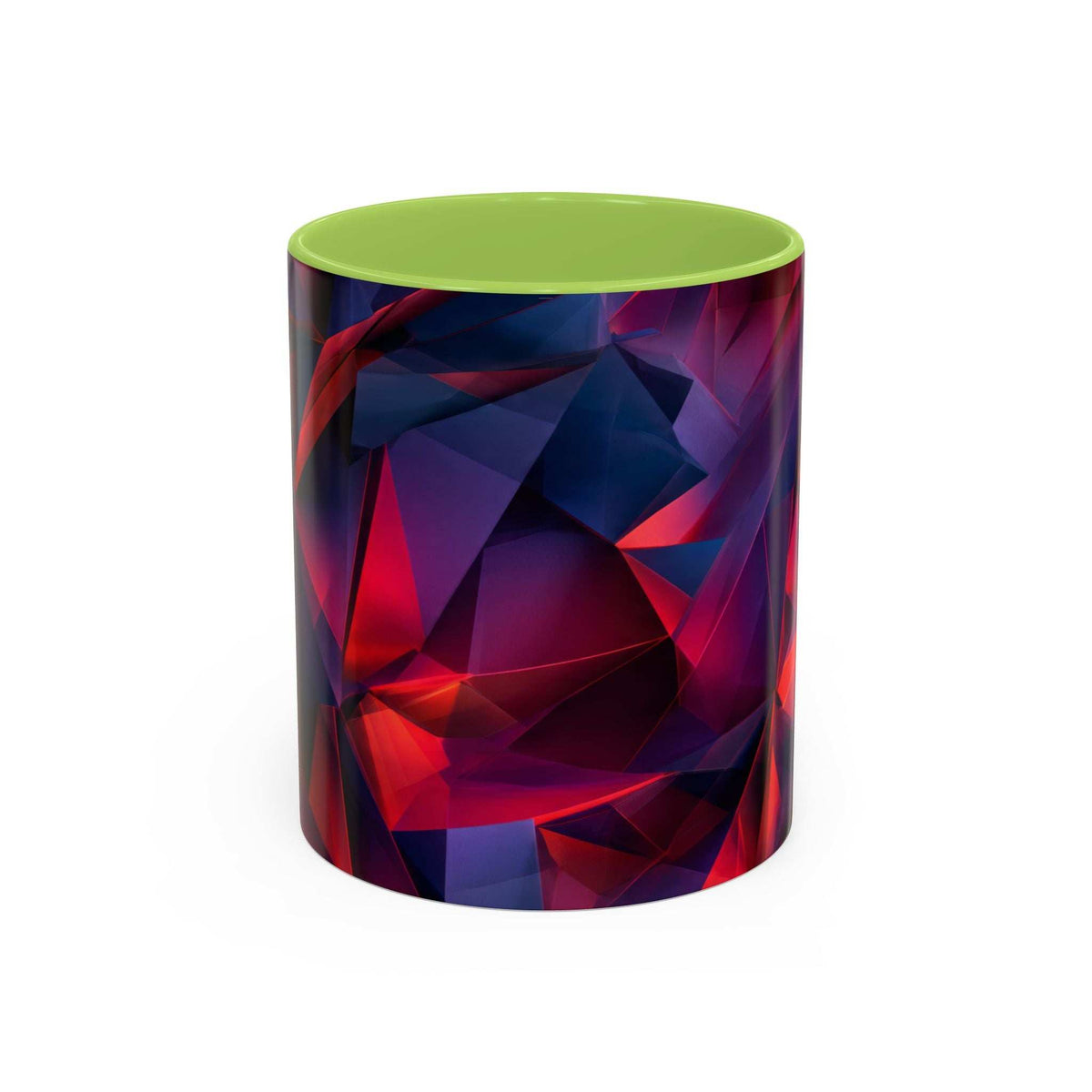 Ceramic coffee mug with geometric red and blue abstract pattern, light green rim