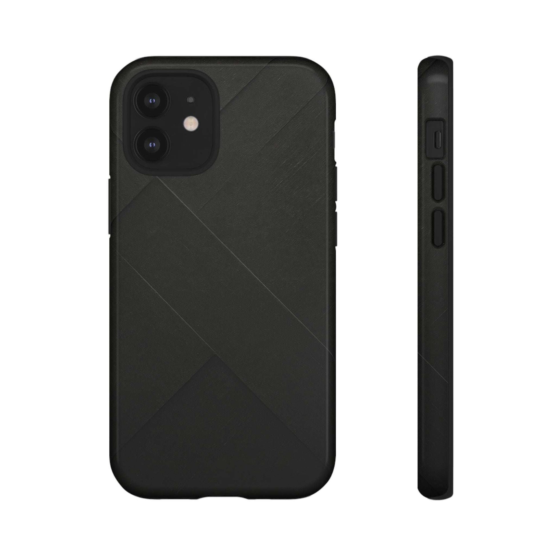 Matte black phone case, back view with diagonal lines; side buttons visible.