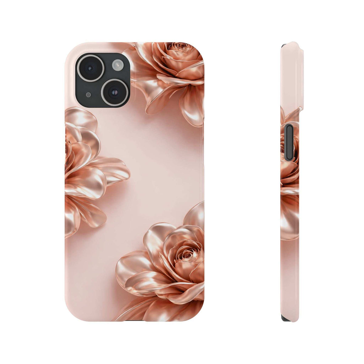 Blush pink phone case with metallic rose pattern, thin side profile view