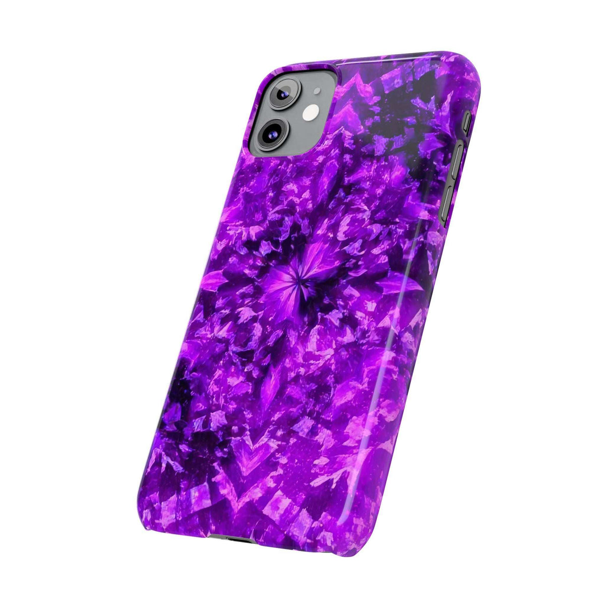 Purple kaleidoscope phone case angled view with smooth edges and flower burst design