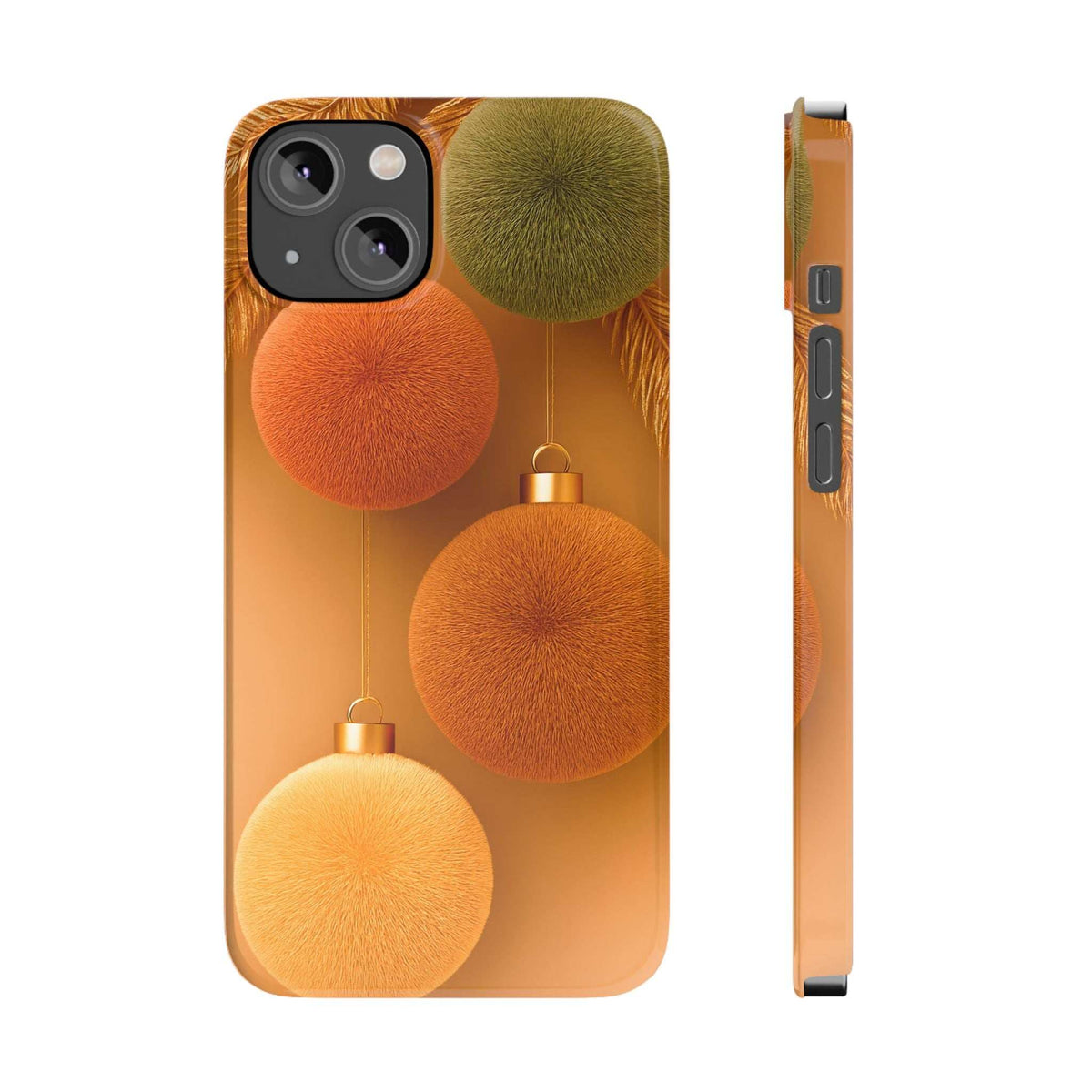 Phone case for iPhone 11-17 showing fuzzy ornaments and side button cutouts