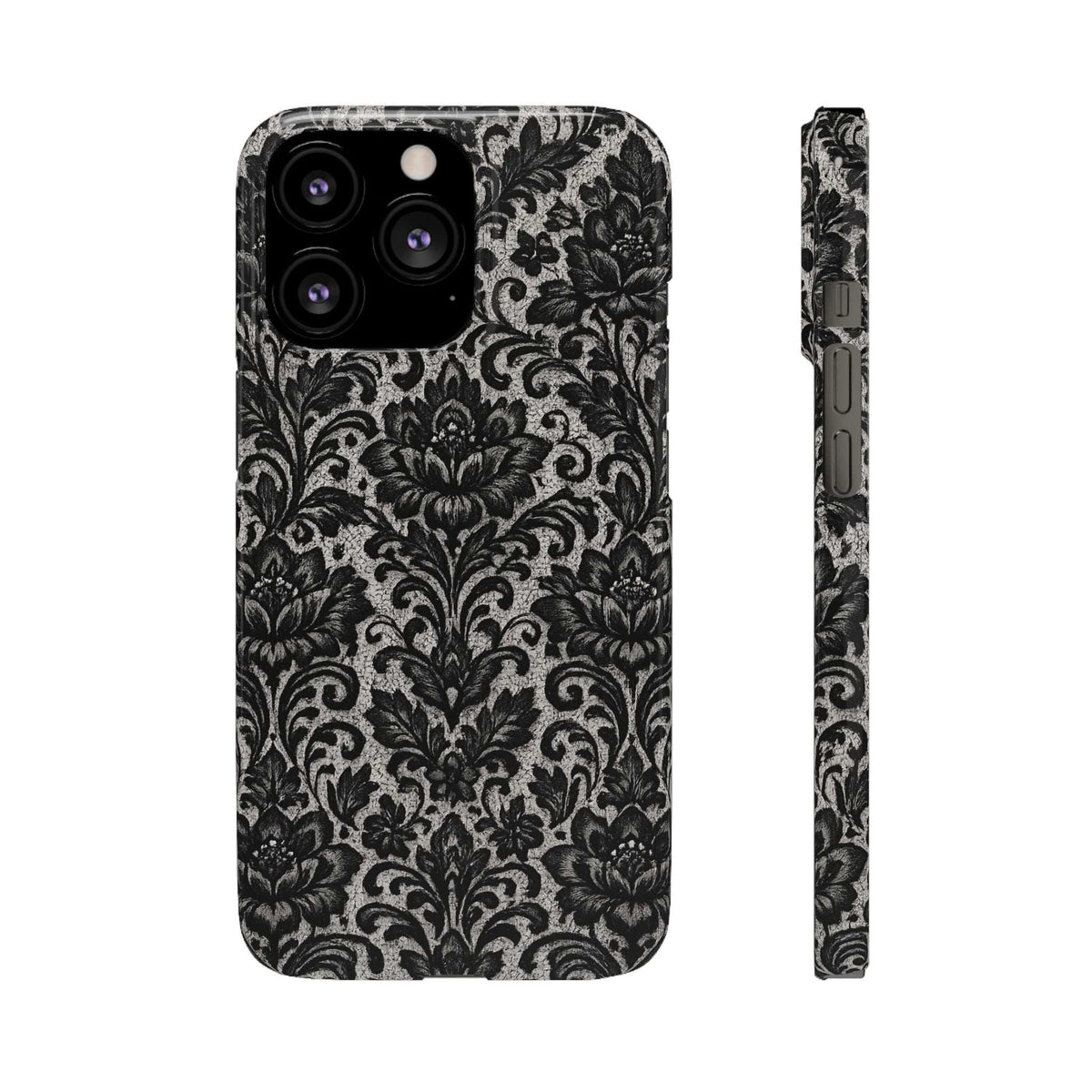 Black damask floral phone case with front camera cutouts and decorative scrollwork