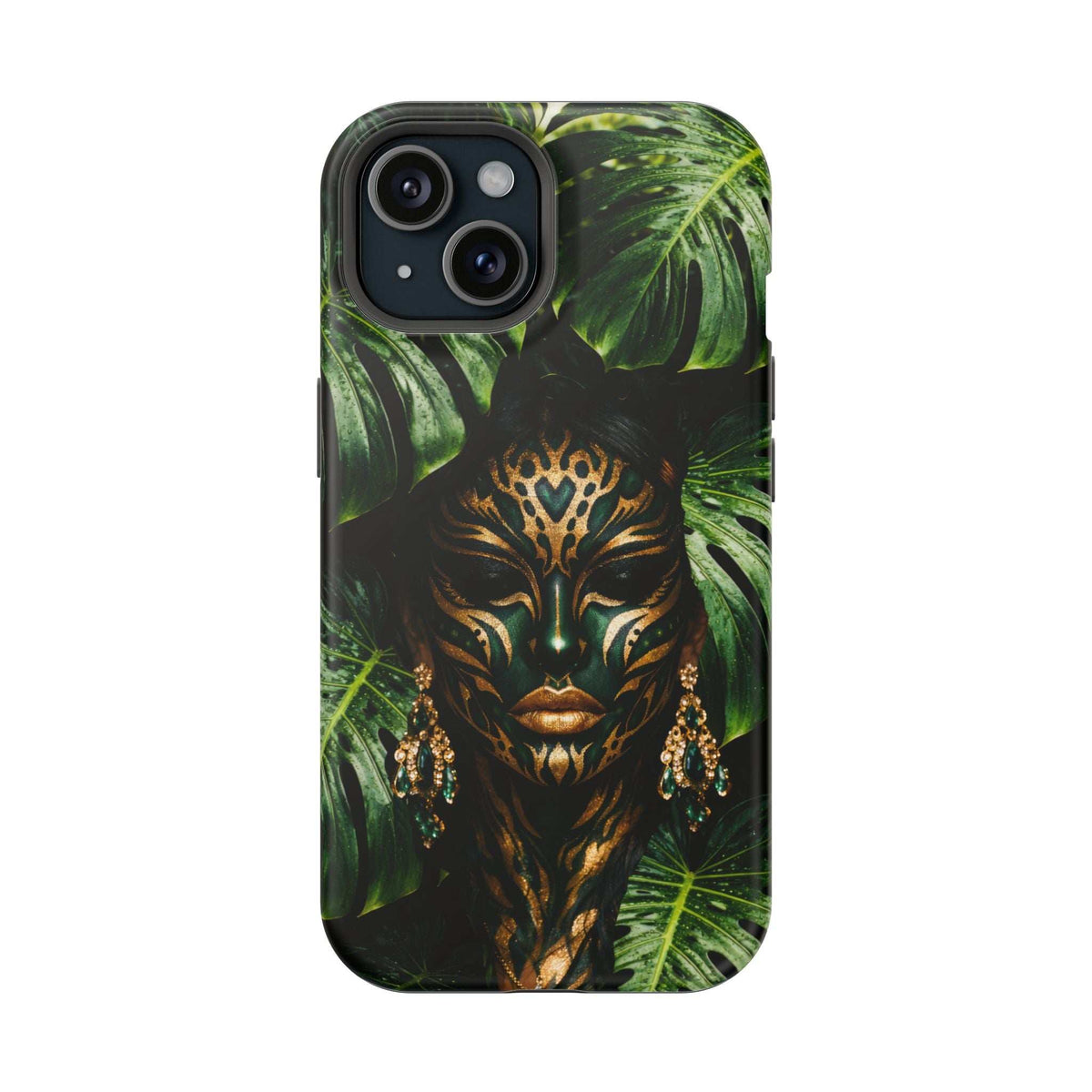iPhone phone case with tropical green leaves and golden mask face, front view