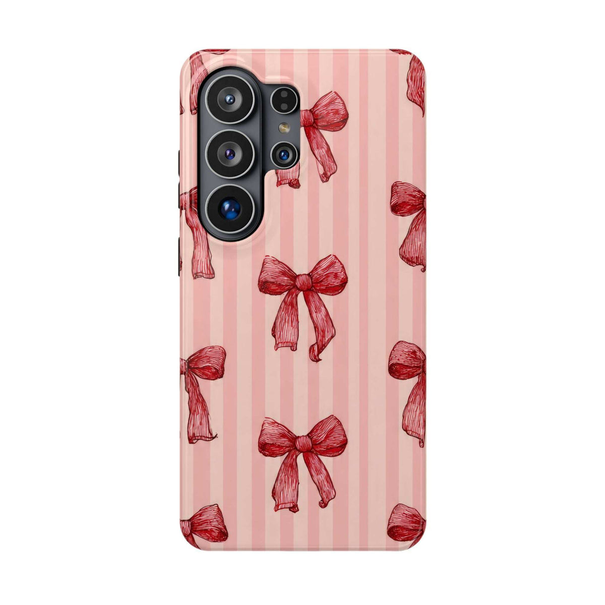 Pink phone case with red bow and vertical stripe pattern; triple camera cutout.