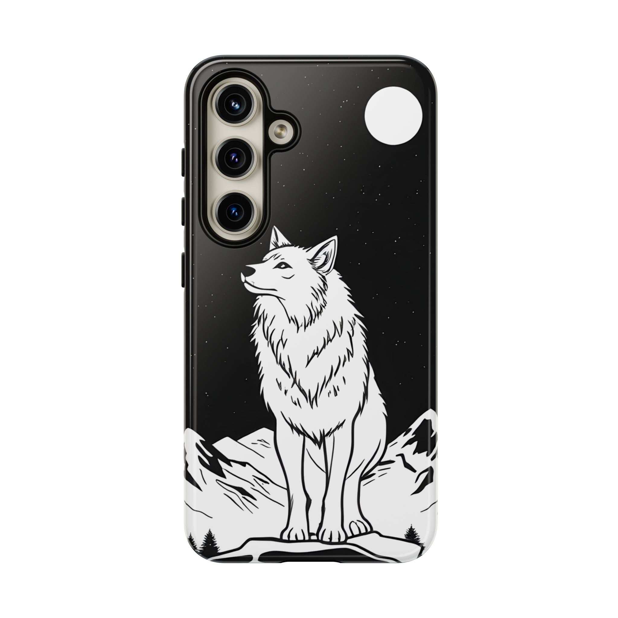 Black phone case with wolf graphic on front, camera protection, and top circular cutout