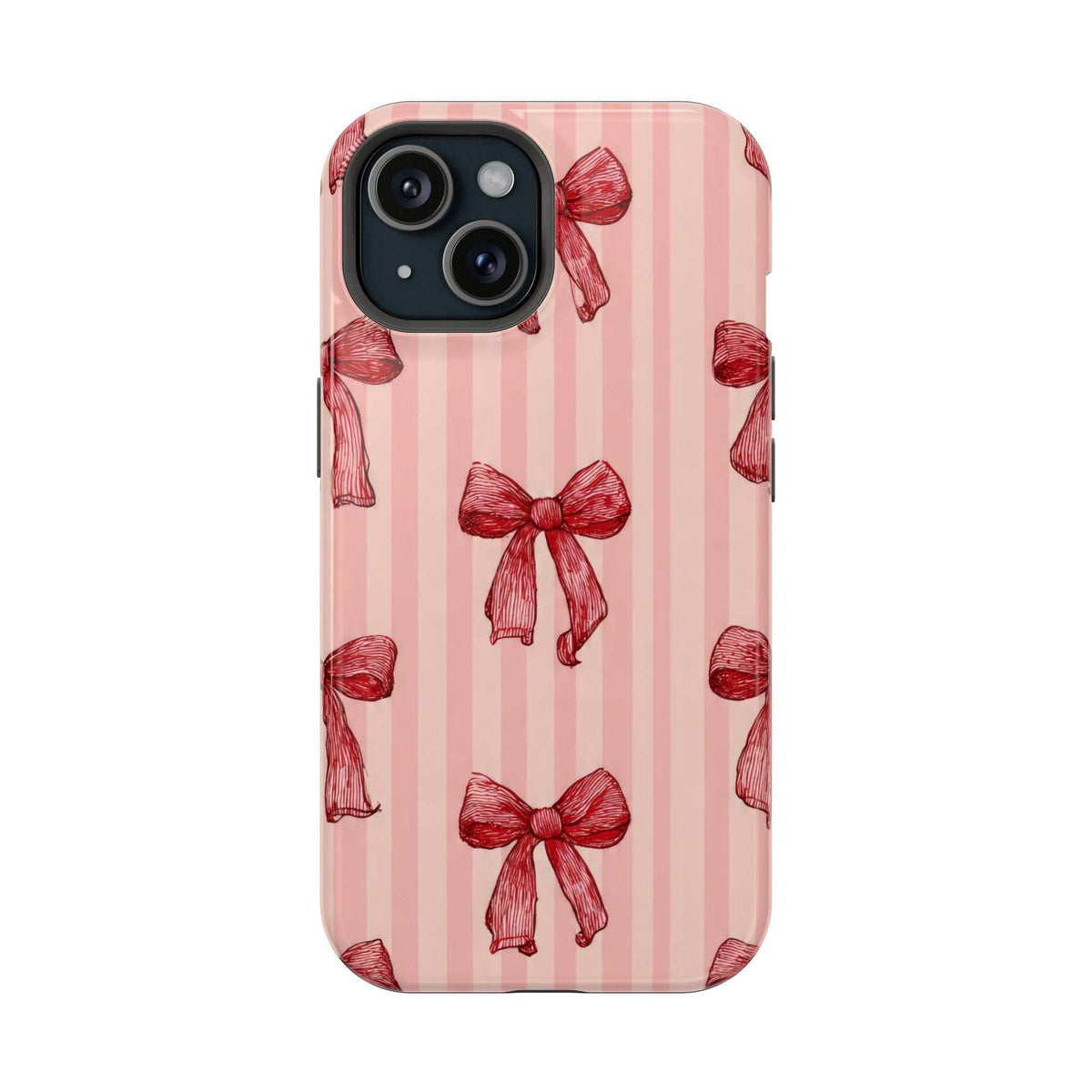 Pink striped phone case with red bow pattern; black camera cutout on back