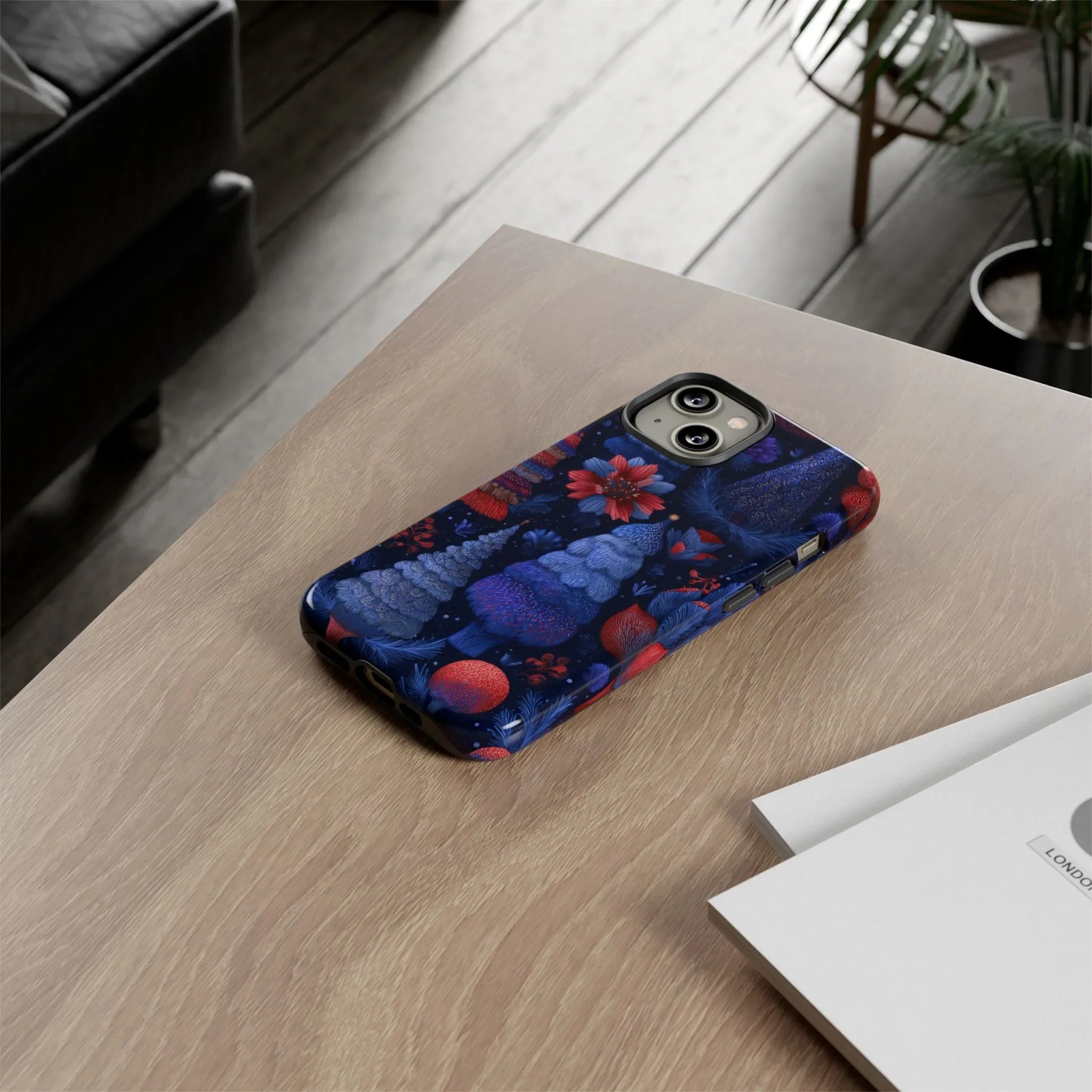 Midnight Blue Christmas Forest Phone Case for iPhone 8-17 and Galaxy S21–S25 - KARARMDESIGN