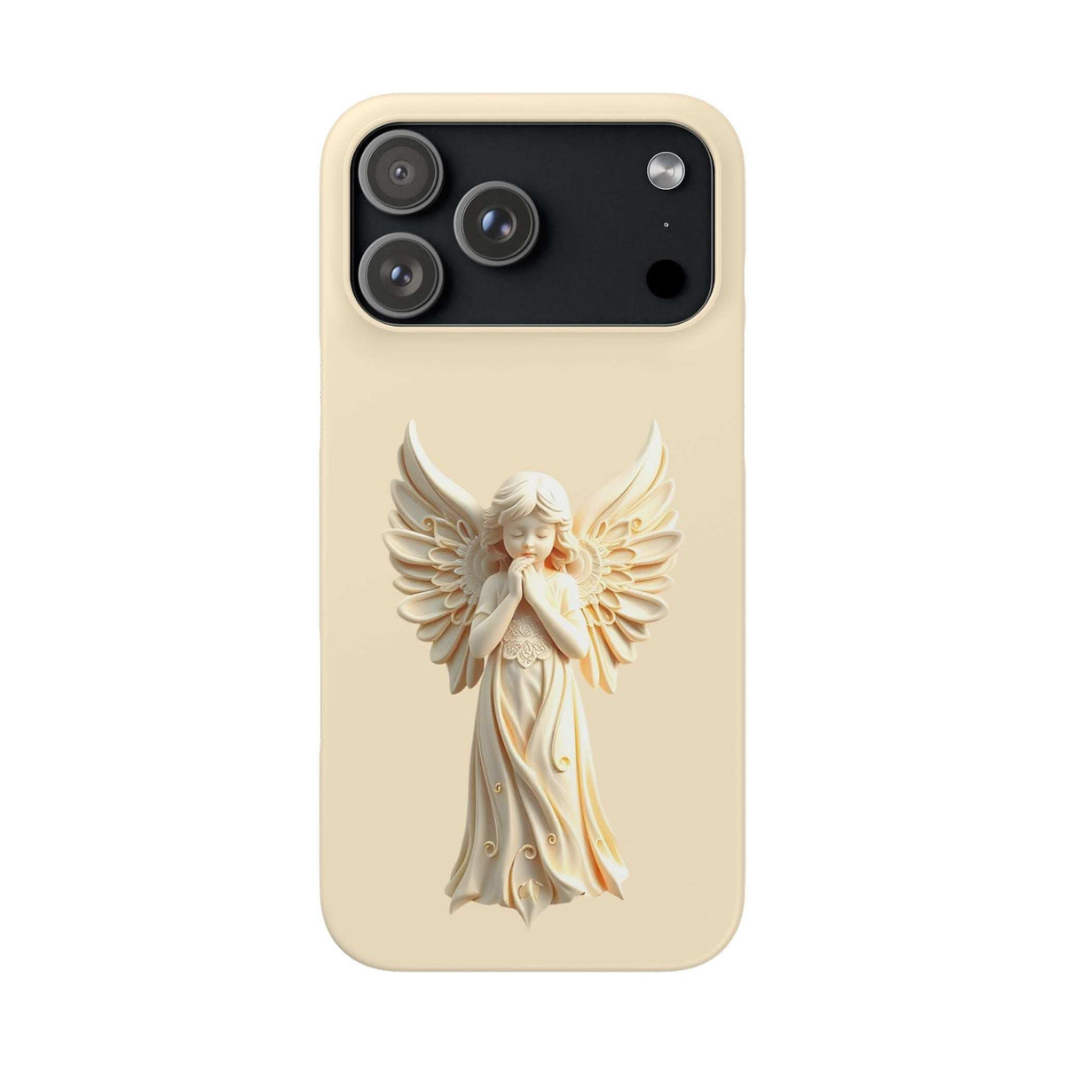 Light beige phone case with centered angel wings figurine and multi-lens camera cutout