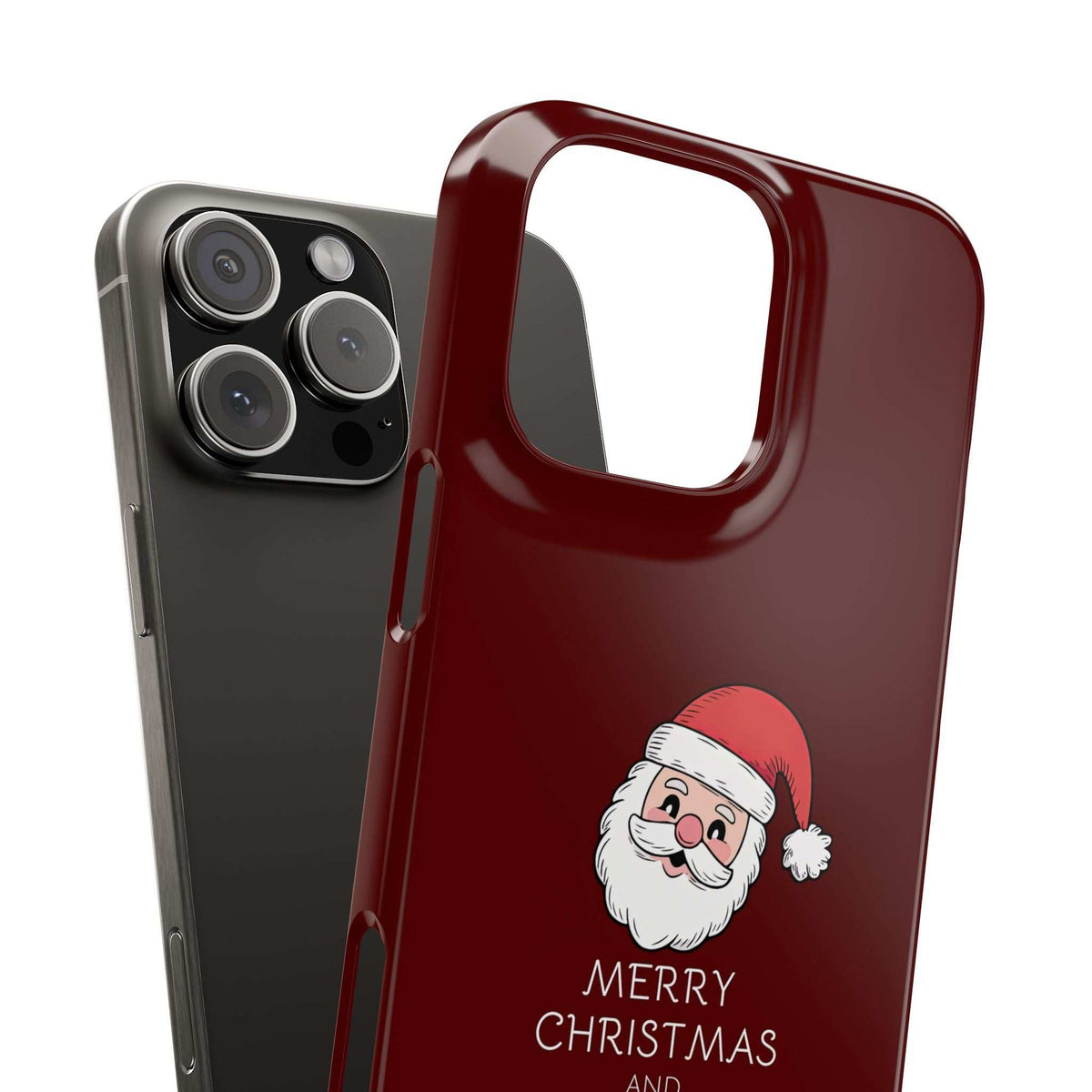Maroon glossy phone case with Santa graphic and large camera opening with raised rim
