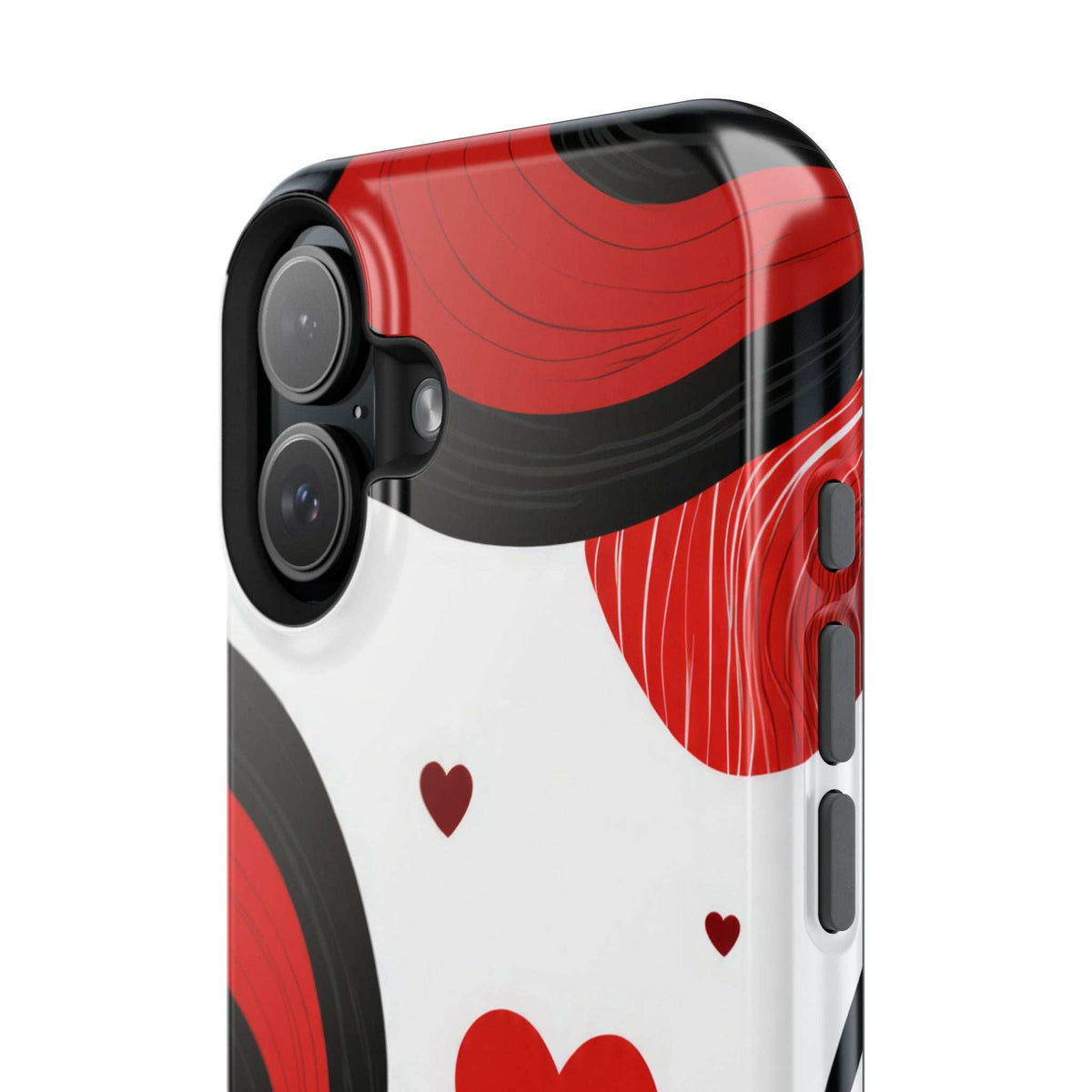 Glossy red and black phone case with white base and heart pattern; camera cutouts
