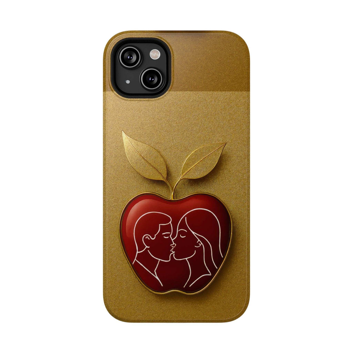Gold glitter phone case with red heart couple and apple leaves near camera cutout