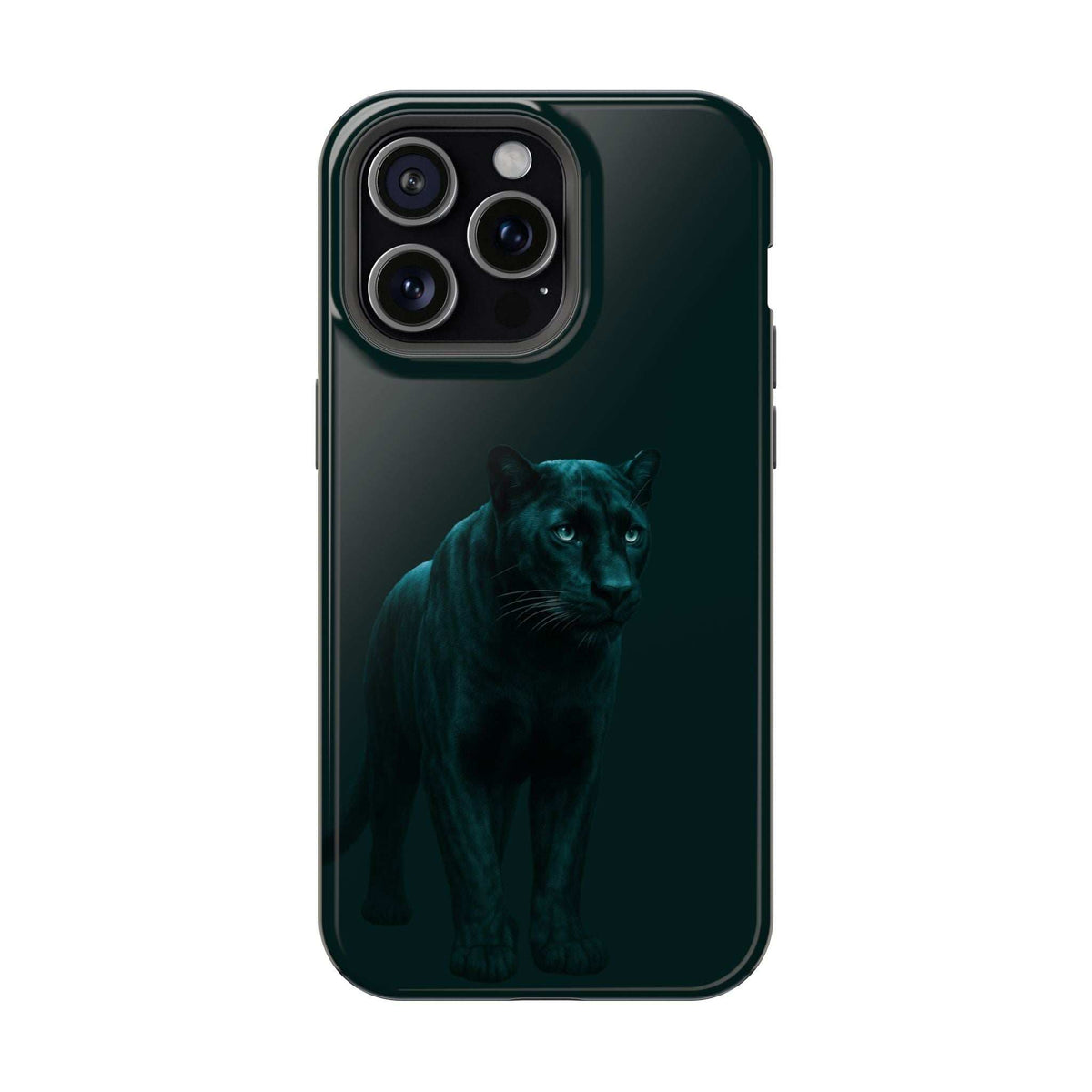 Dark phone case with panther graphic and multiple lens camera cutouts
