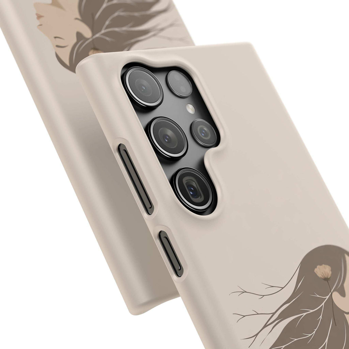 Cream phone case close-up with woman and flower line art, camera cutouts, and side ports