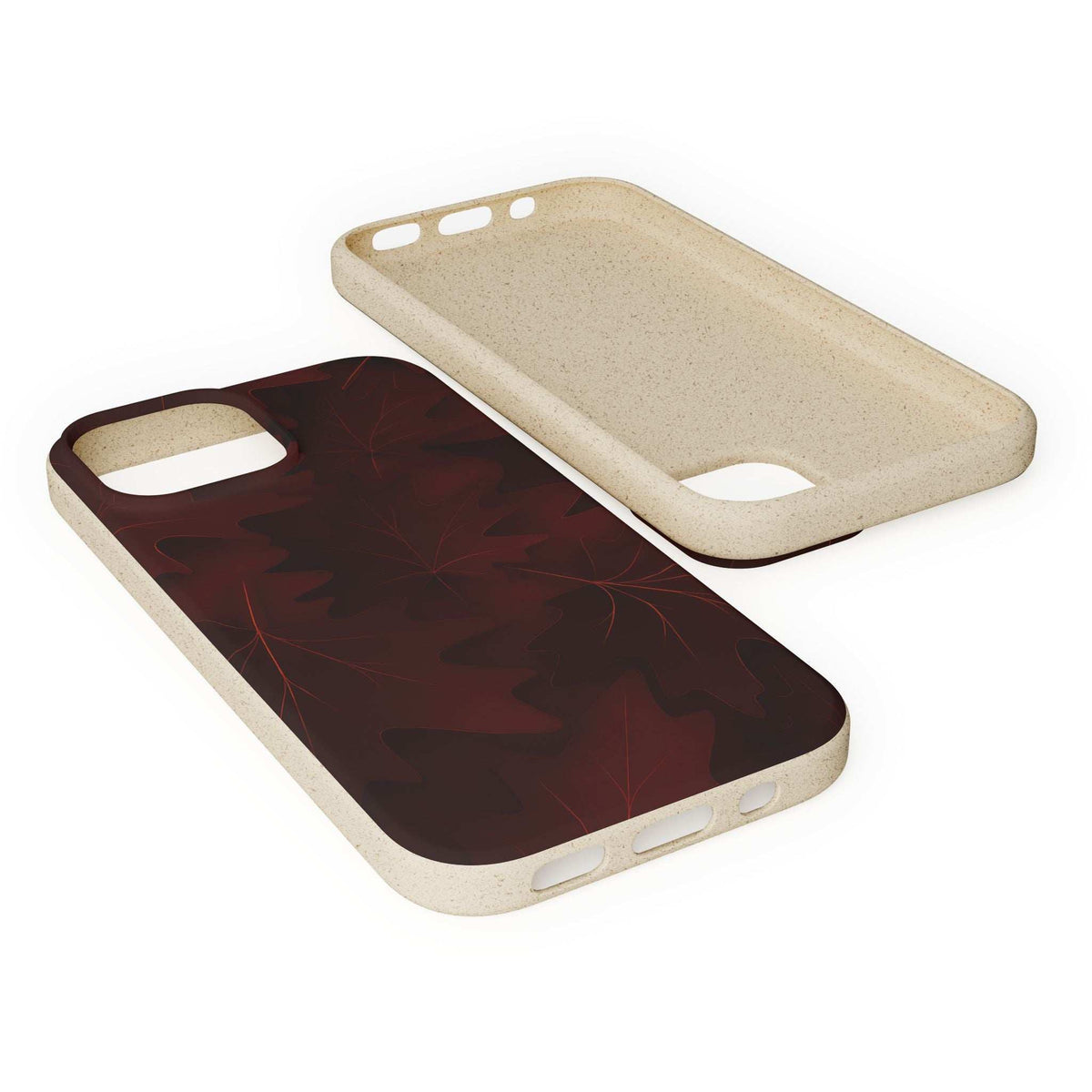 Phone case with maroon leaf pattern back and light tan frame, side buttons visible