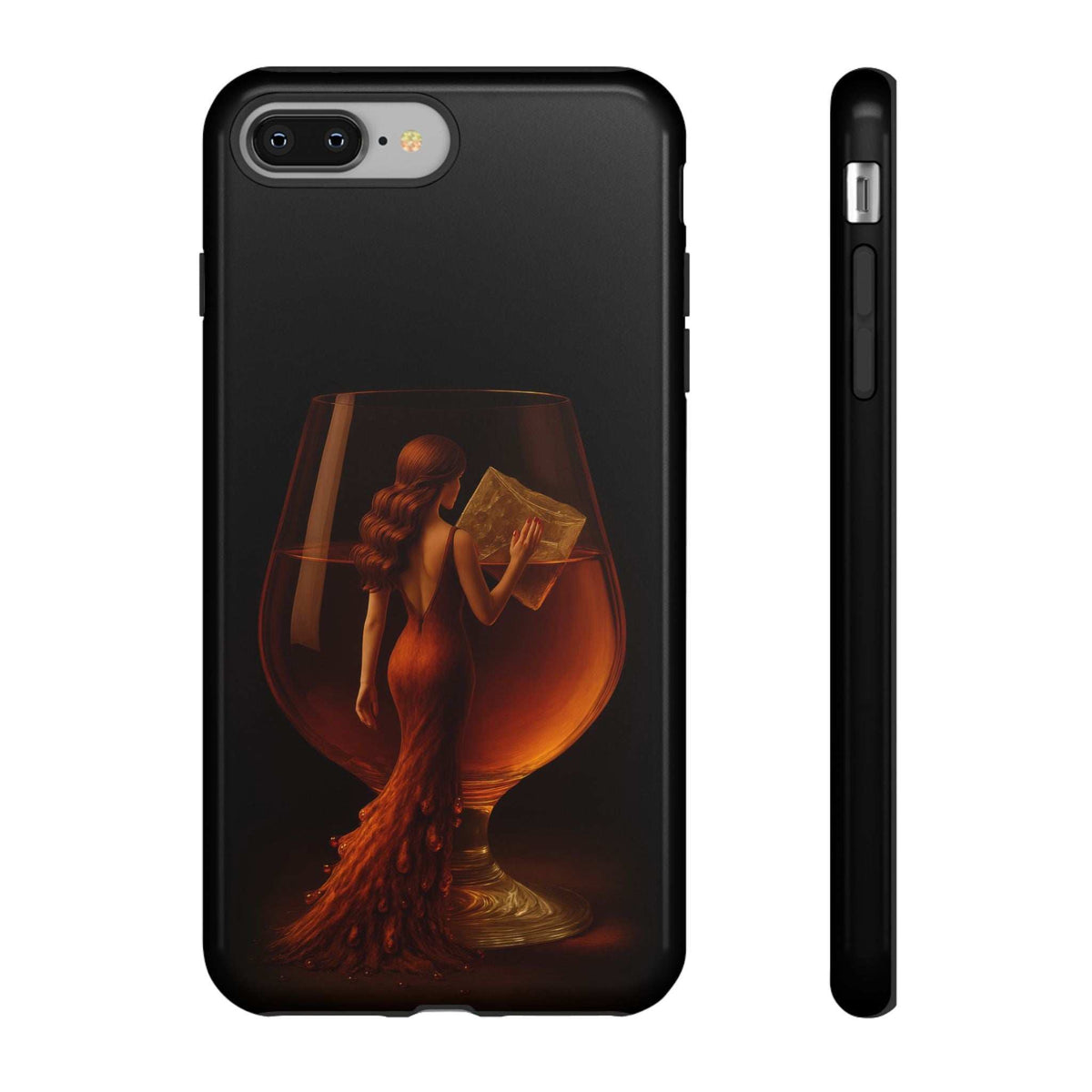 Midnight lady phone case, glossy black back with lady holding cards illustration