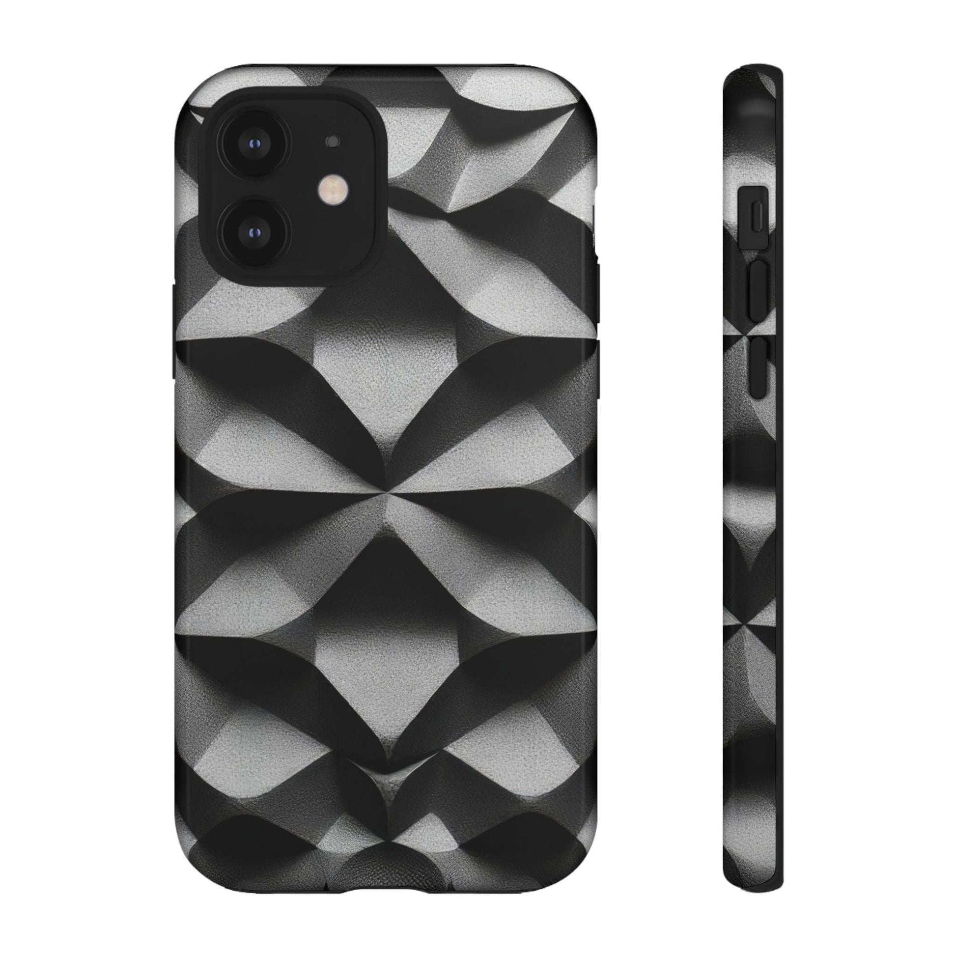 Black phone case with geometric diamond pattern, camera cutouts and side buttons cutout